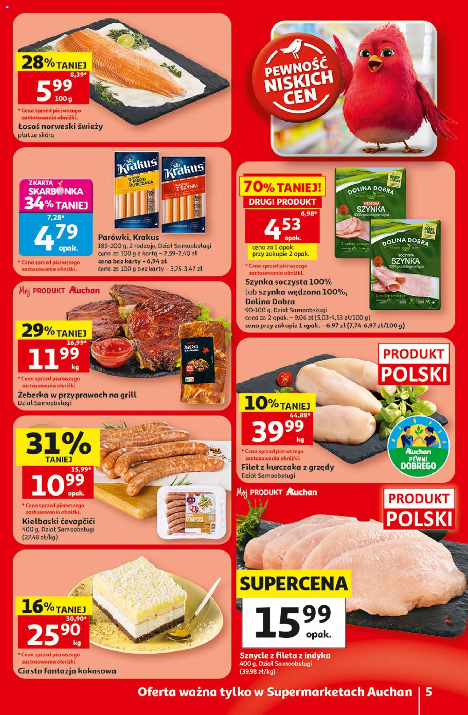 Auchan gazetka od 30.07.2026 | Strona: 5 | Produkty: Piersi, Kiełbaski, Szynka, Łosoś