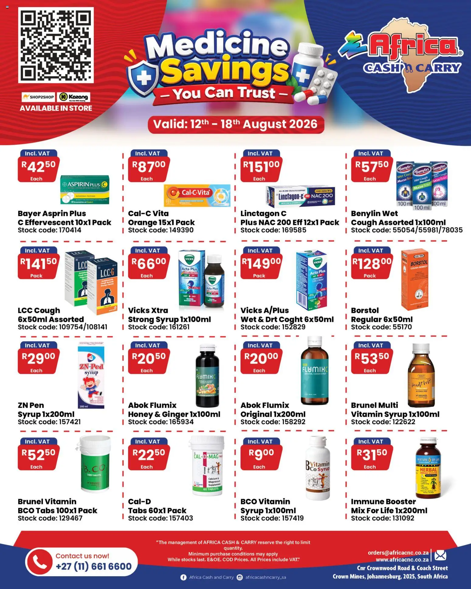 New Africa Cash & Carry catalogue – valid from 12/08/2026 | Page: 1 | Products: Cough syrup, Pen, Stock, Syrup