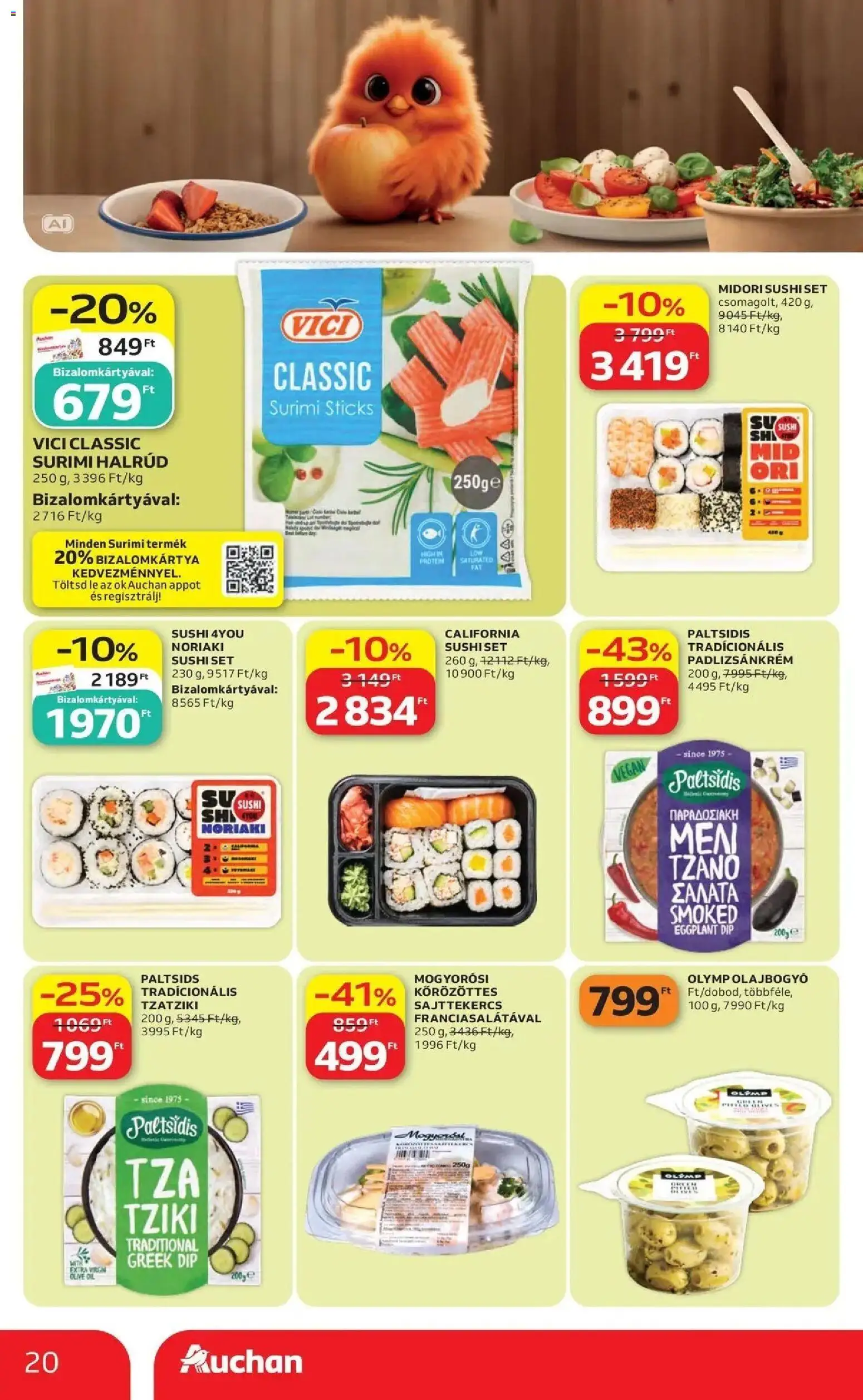 Auchan akciós újság Szolnok - 2026.10.01. -tól/töl > akció, lapozható szórólap 🛍️ | Oldal: 20 | Termékek: Lé, Surimi, Sushi, Olajbogyó