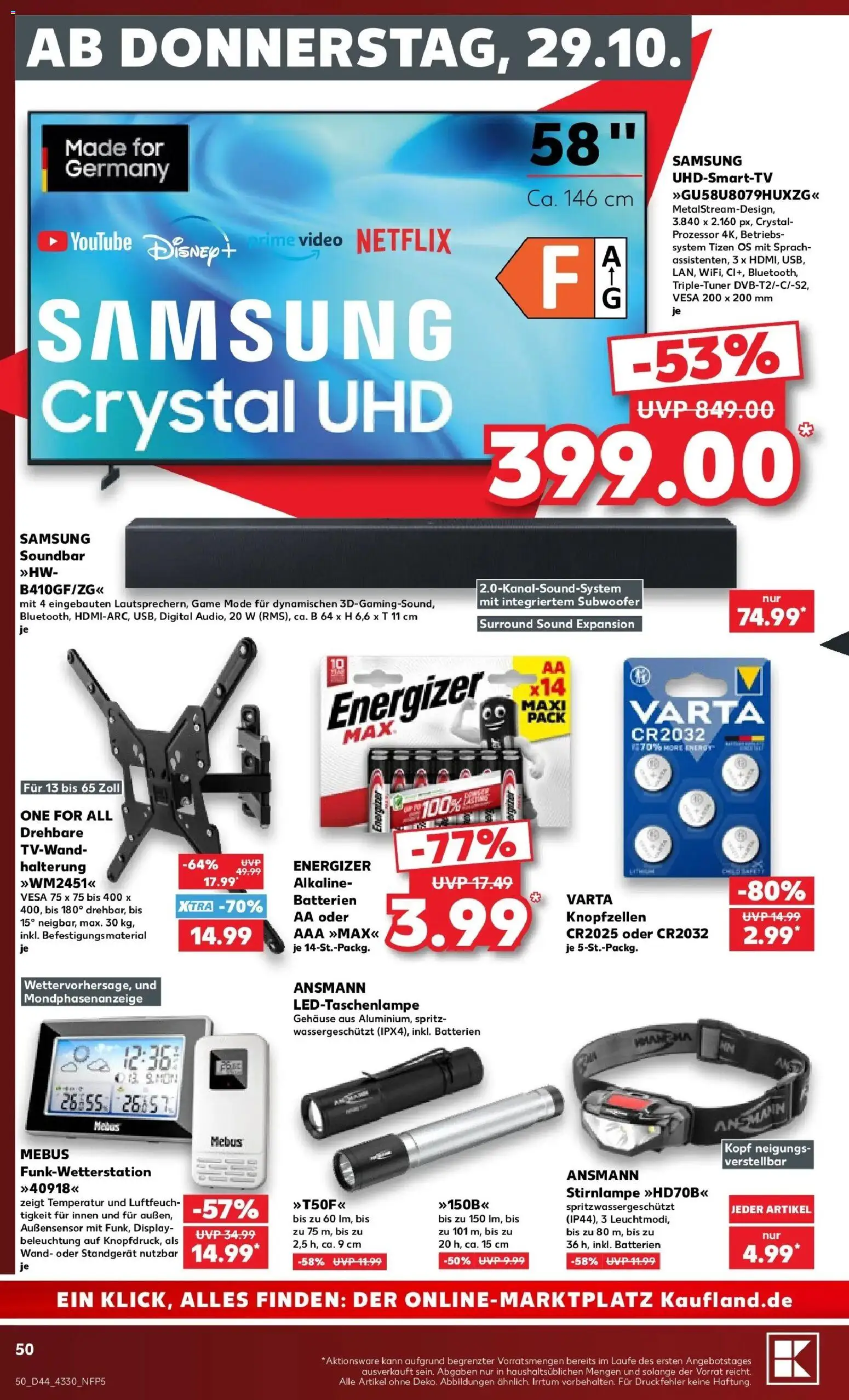 Prospekt Kaufland ab 26.10.2026 » Angebote Online zum Blättern | Seite: 50 | Produkte: Batterien, Stirnlampe, Samsung, Soundbar