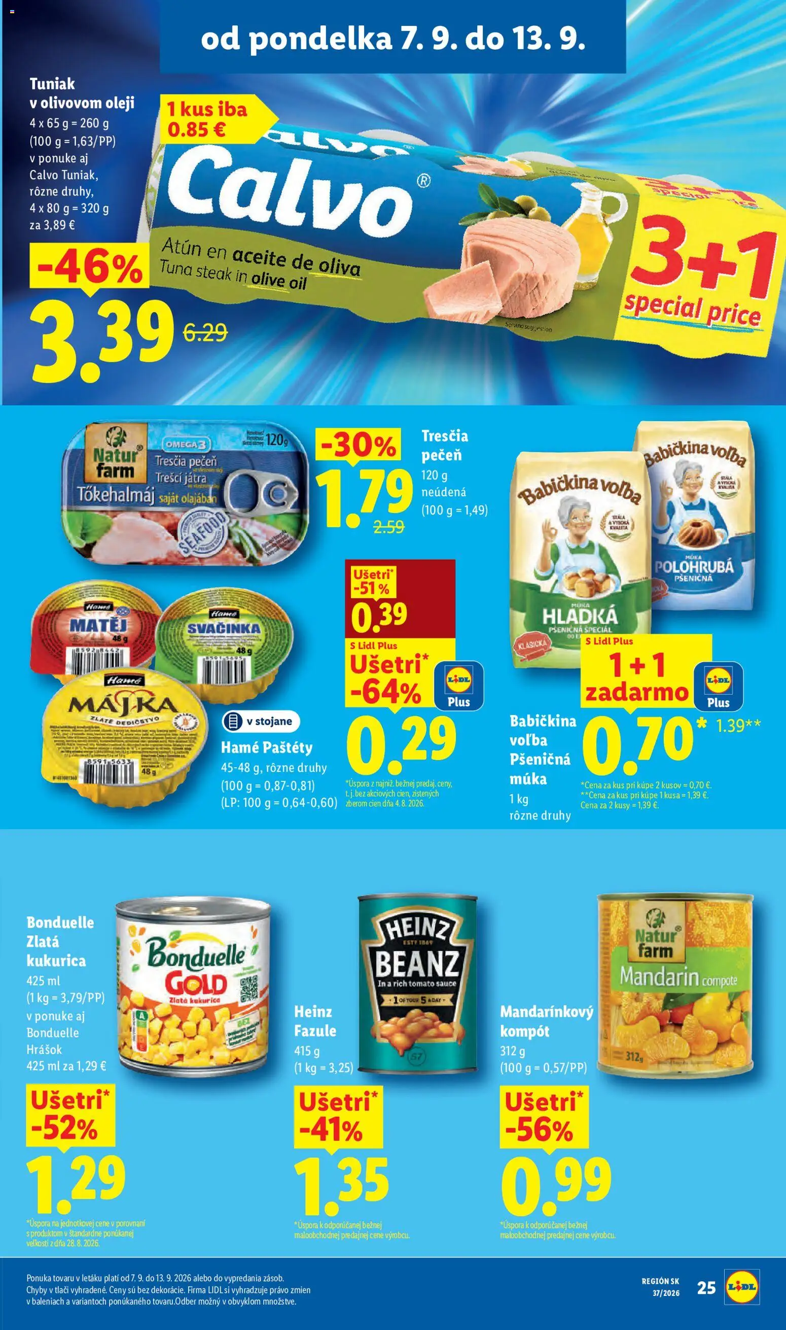 Nové Lidl akcie – leták je platný od 07.09.2026 | Strana: 27 | Produkty: Tuniak, Omega 3, Múka, Múka polohrubá