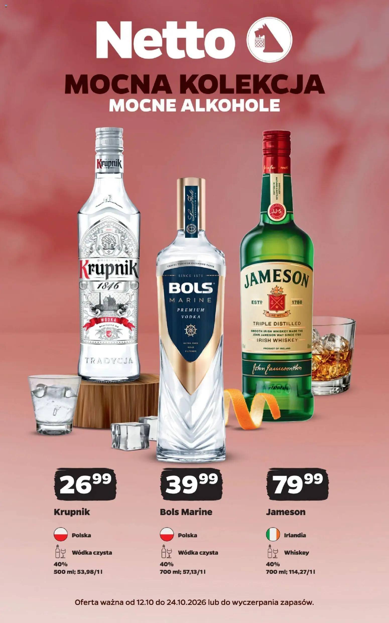 Netto gazetka - Mocne alkohole od 12.10.2026 | Strona: 1 | Produkty: Alkohole, Irish whiskey, Krupnik wódka, Vodka