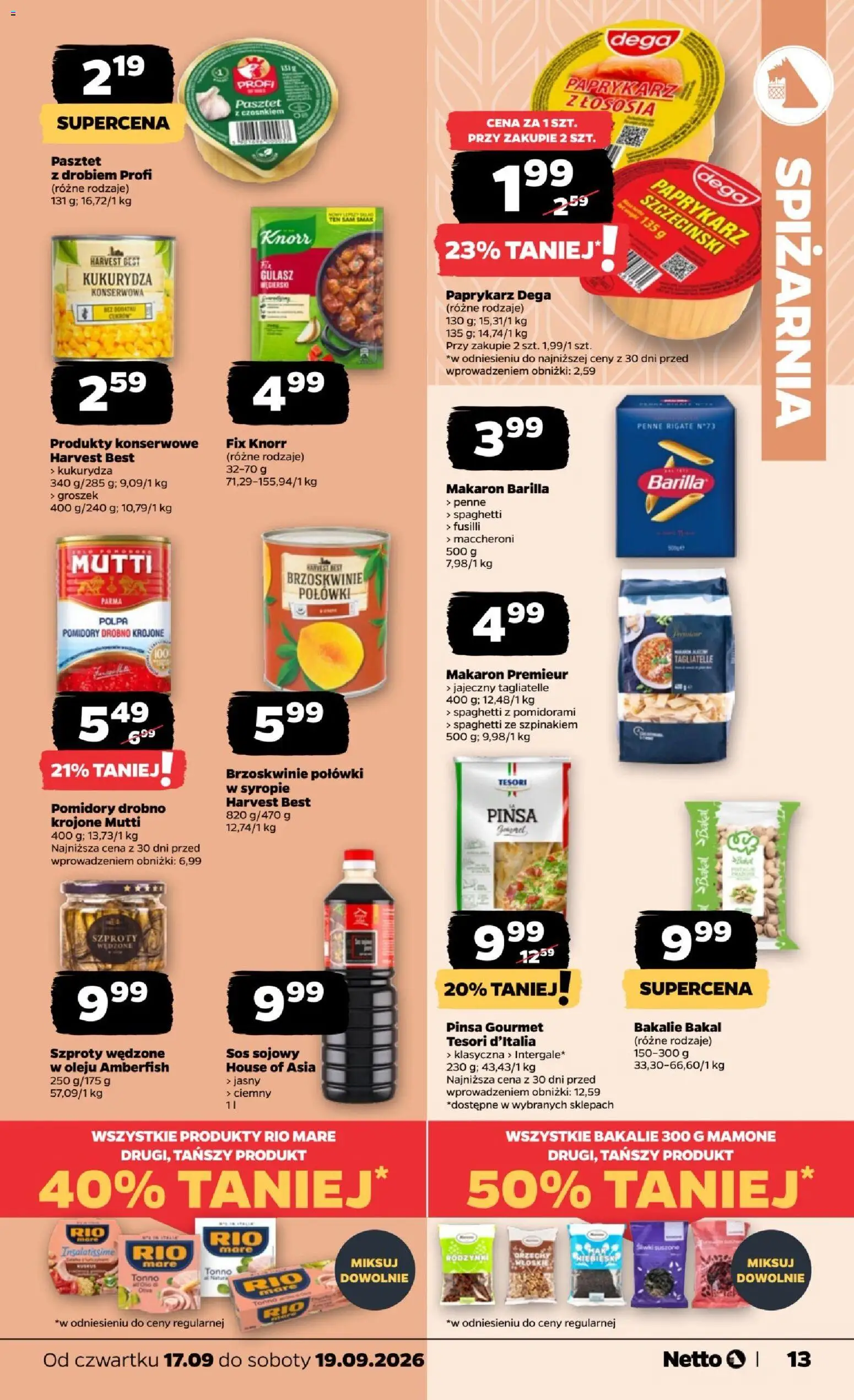 Netto gazetka od czwartku od 17.09.2026 | Strona: 13 | Produkty: Barilla, Pasztet, Bakalie, Rodzynki