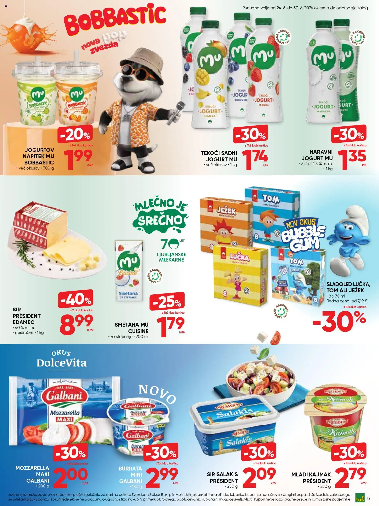Novi Tuš katalog ponudbe – veljaven od 24.06.2026 | Stran: 9 | Izdelki: Edamec, Kajmak, Smetana, Sladoled