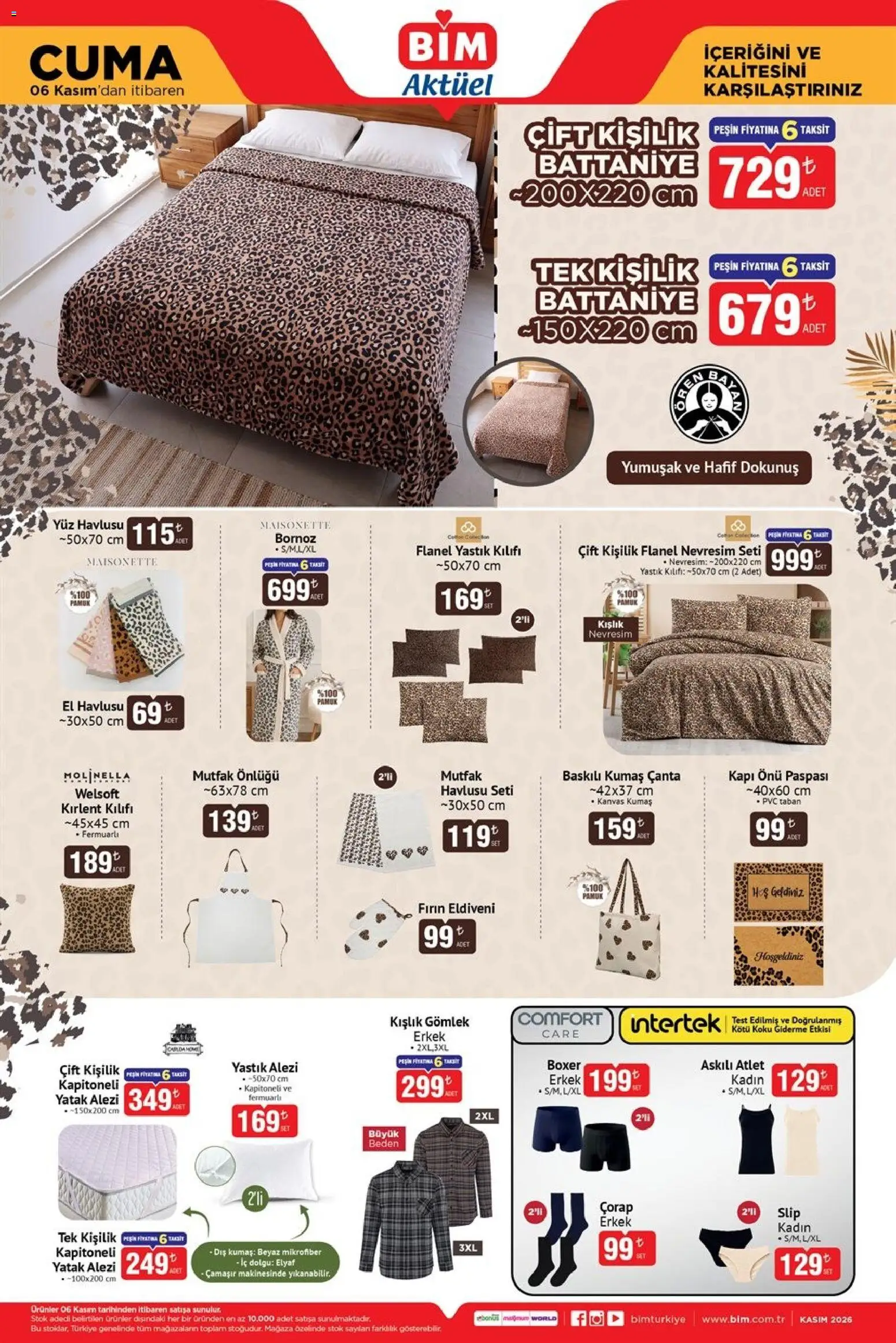 BİM - Katalog Cuma - 06 Kasım 2026 tarihinden itibaren geçerlidir | Sayfa: 2 | Ürünler: Yastık, Battaniye, Bornoz, Çanta