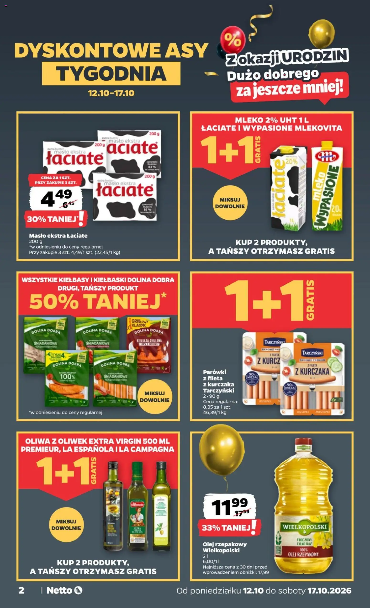 Netto gazetka od poniedziałku od 12.10.2026 | Strona: 2 | Produkty: Oliwa z oliwek extra virgin, Parówki, Kiełbaski, Masło