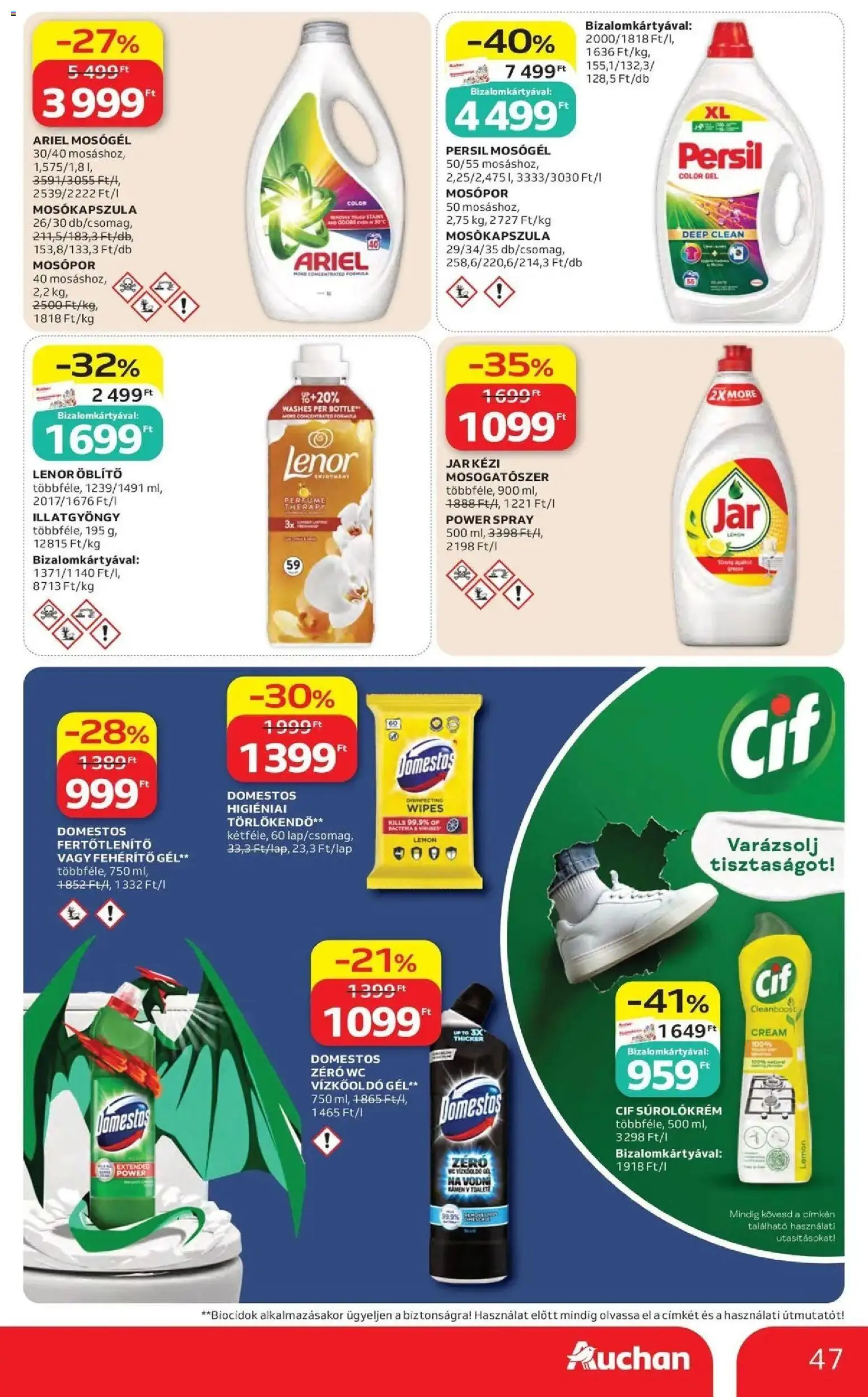 Auchan akciós ujság - amely érvényes a következő dátumtól: 14.05.2026 | Oldal: 47 | Termékek: Ariel, Mosógél, WC, Mosogatószer