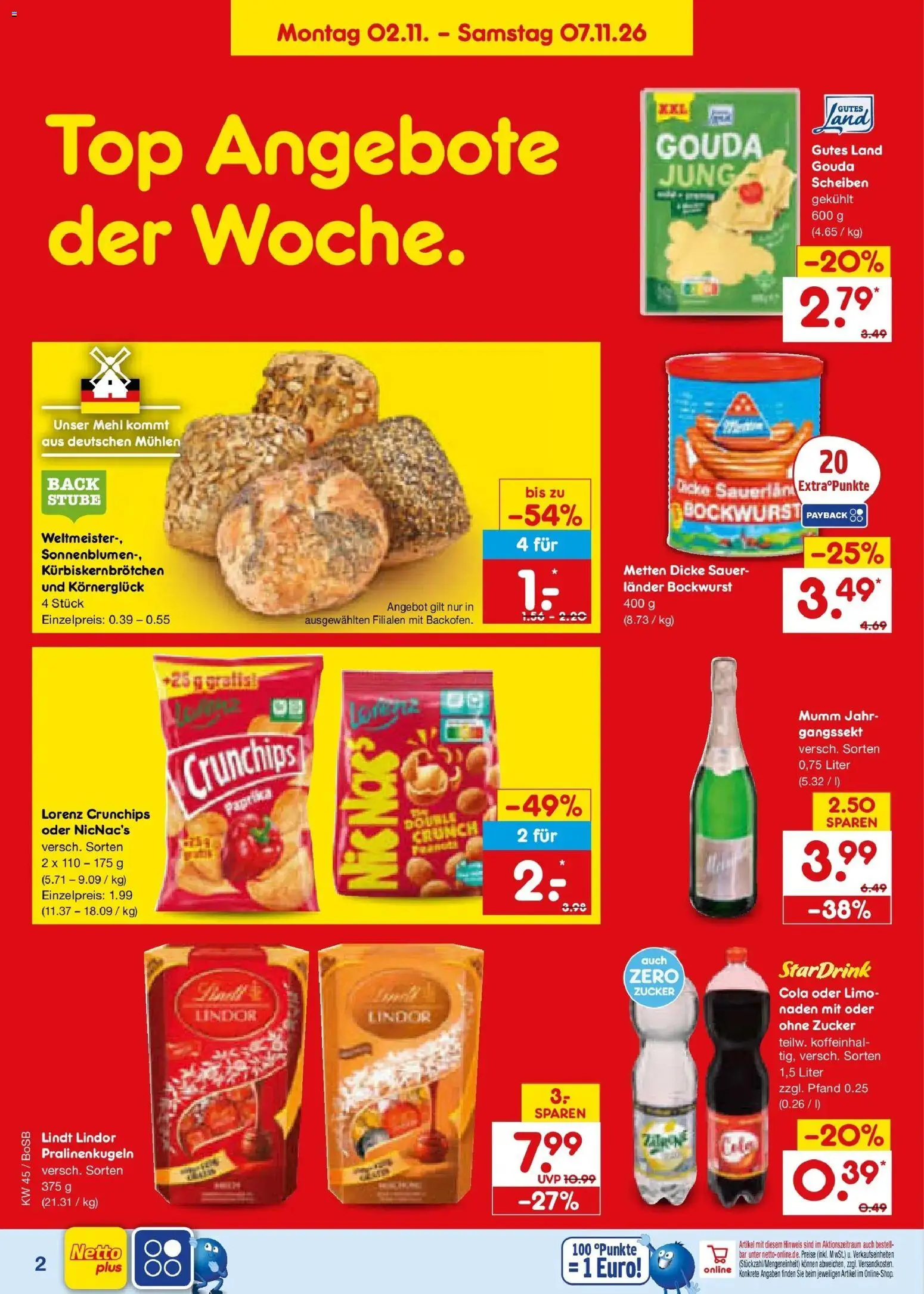 Netto Marken-Discount Prospekt Bochum – gültig ab 02.11.2026 | Seite: 2 | Produkte: Mehl, Gouda, Zucker, Lorenz crunchips