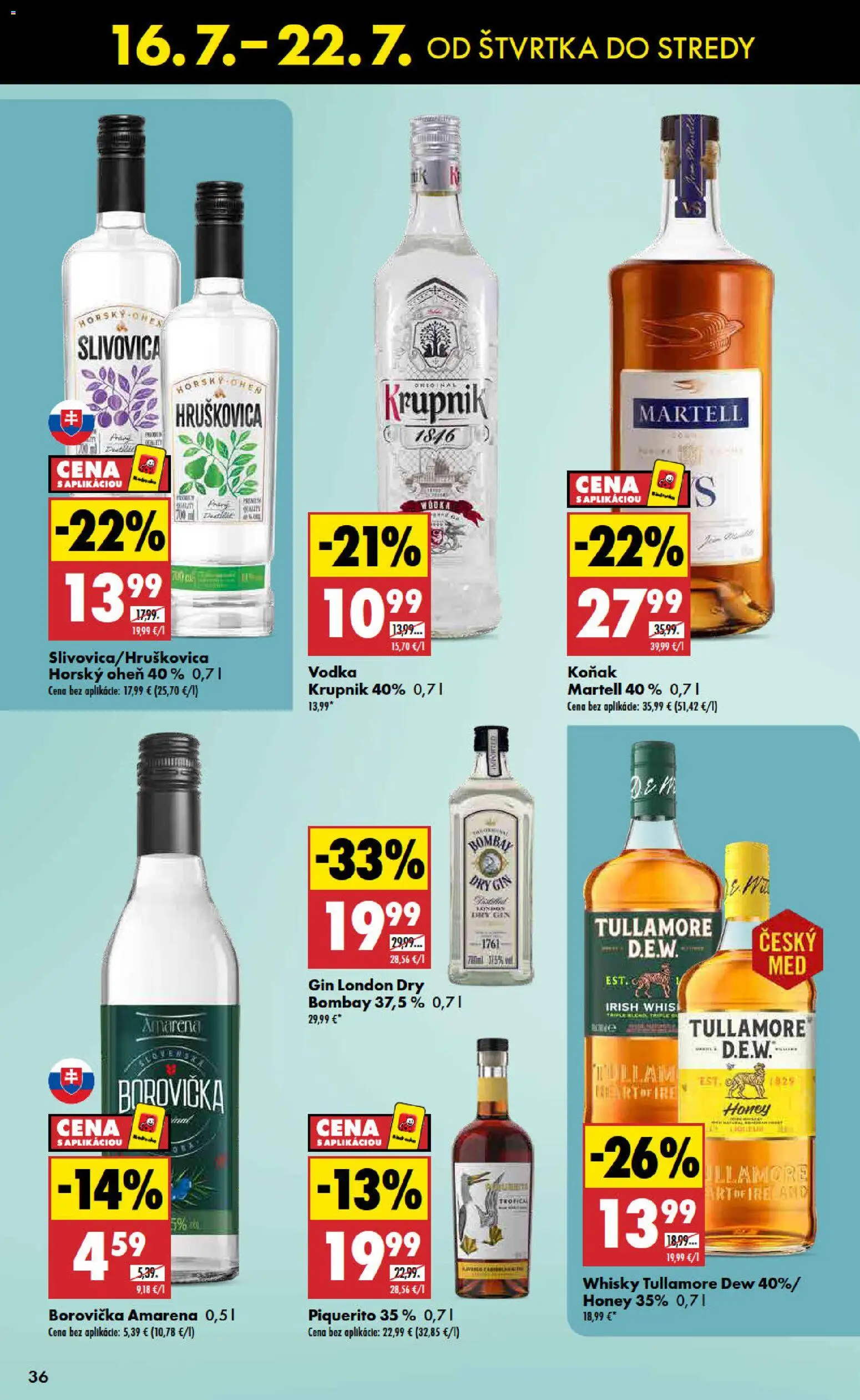 Nové Biedronka akcie – leták je platný od 16.07.2026 | Strana: 36 | Produkty: Borovička, Gin, Whisky, Tullamore Dew