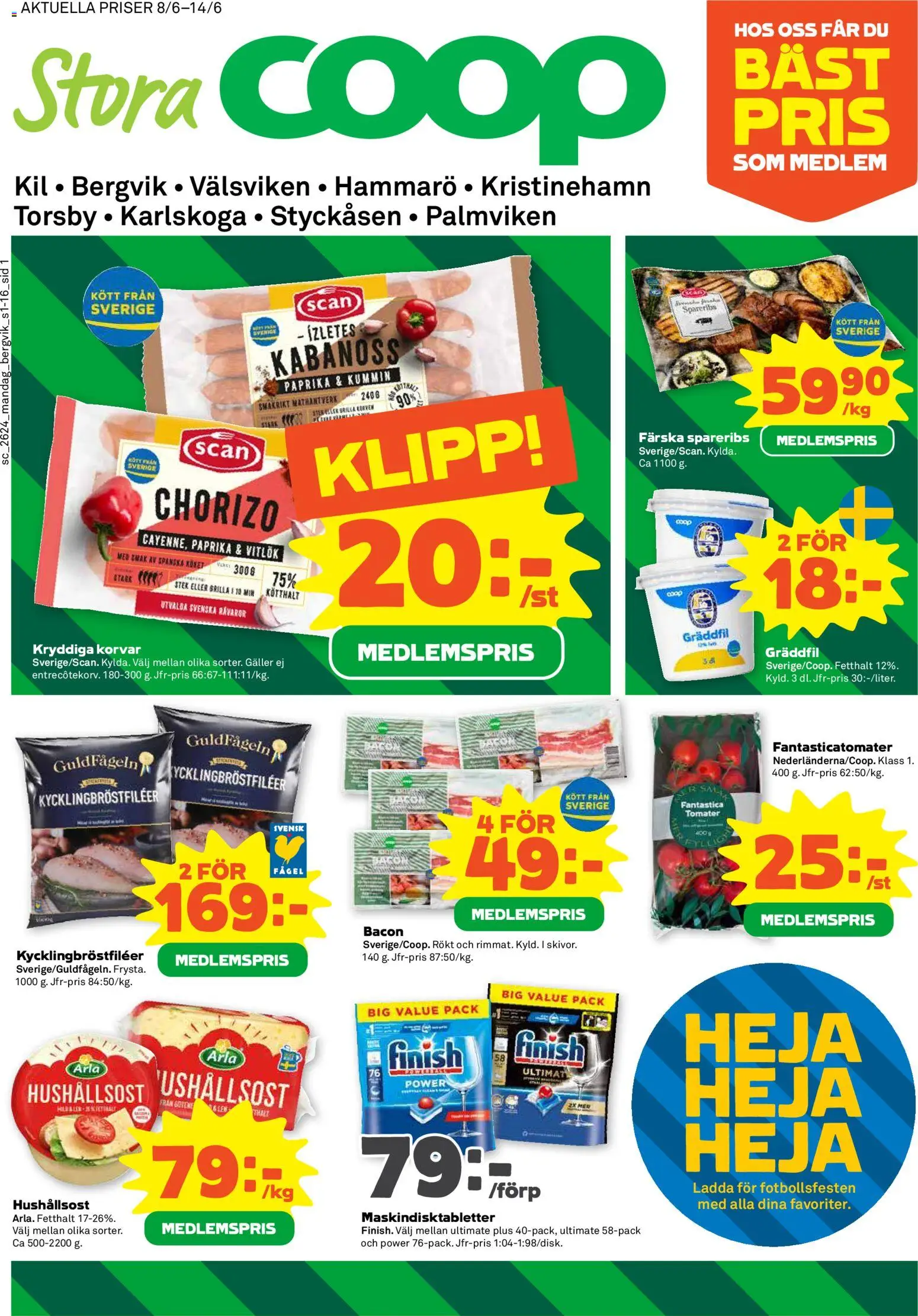 Stora Coop reklamblad aktuell från 08.06.2026 | Sida: 1 | Produkter: Bacon, Hushållsost, Vitlök, Chorizo