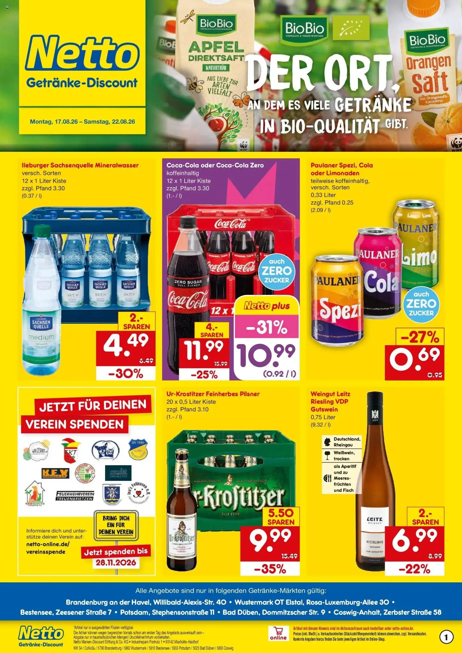 Netto Marken-Discount Prospekt Potsdam – gültig ab 17.08.2026 | Seite: 1 | Produkte: Orangensaft, Mineralwasser, Fisch, Zucker