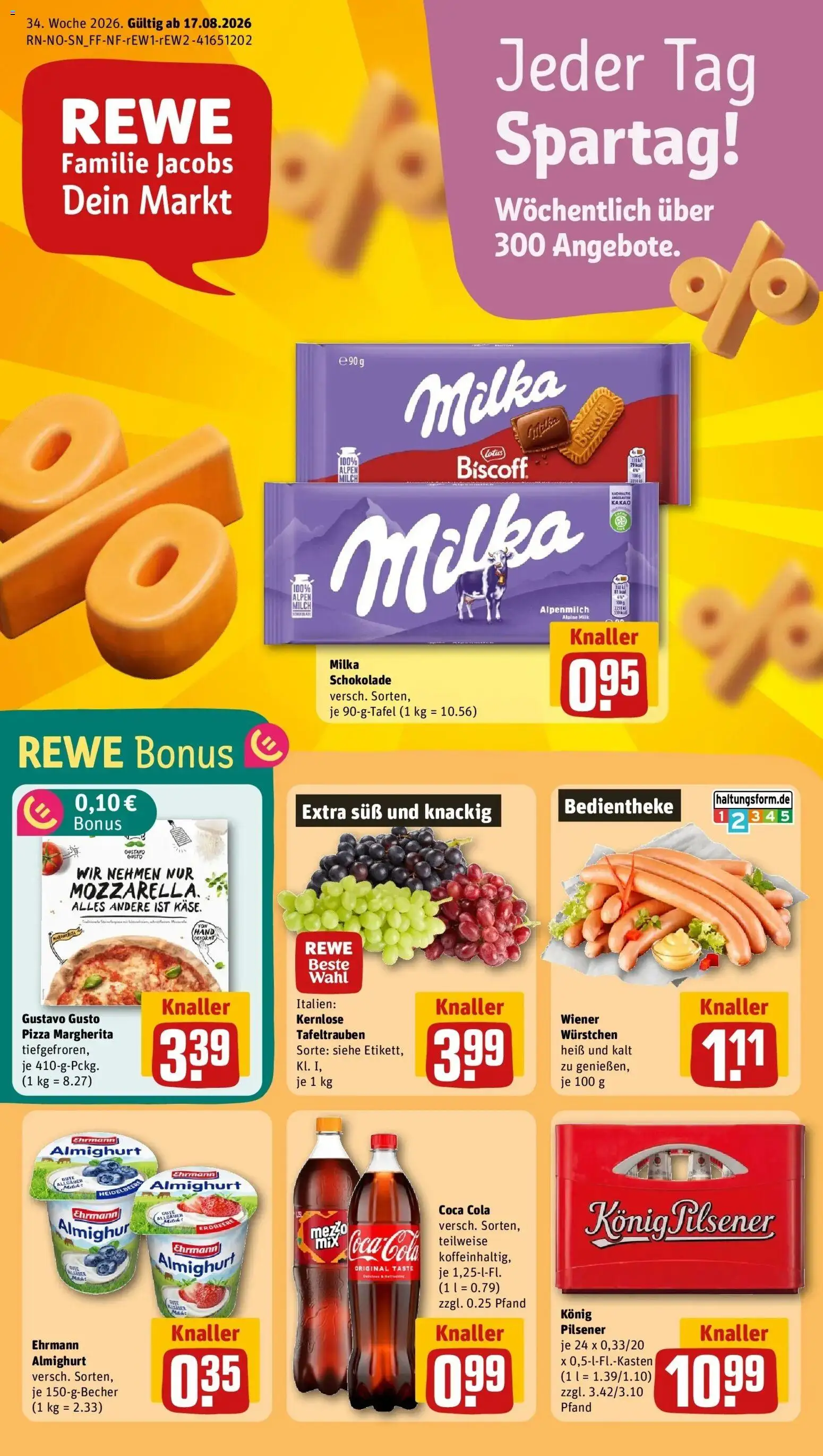 REWE Prospekt ab 17.08.2026 zum Blättern » Angebote | Seite: 1 | Produkte: Gustavo gusto, Coca cola, Cola, Schokolade
