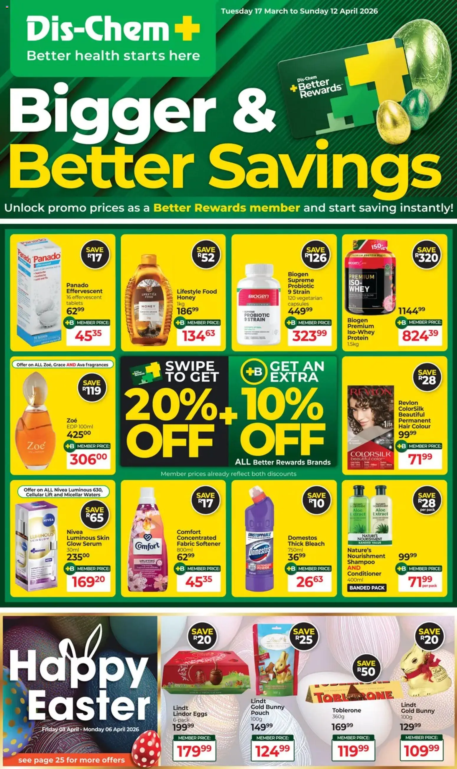 New Dis-Chem catalogue – valid from 17.03.2026 | Page: 1 | Products: Serum, Detergente líquido, Hair colour, Shampoo
