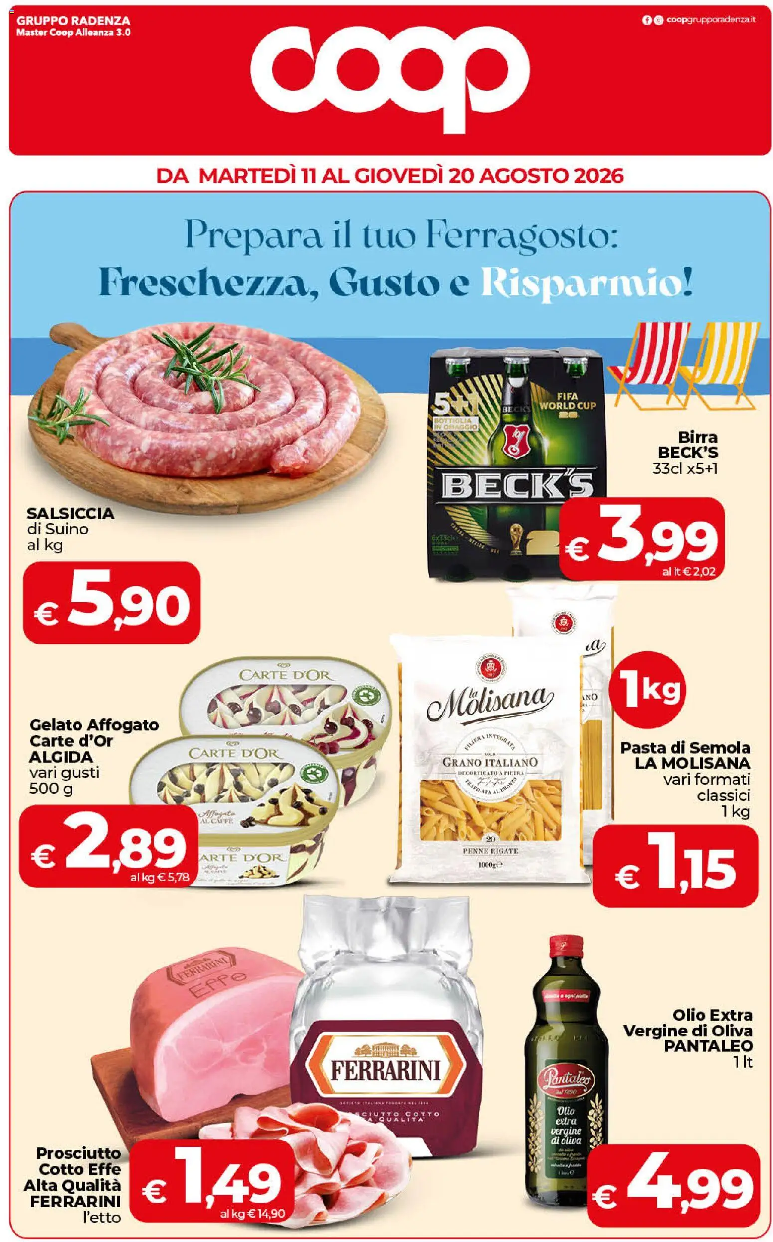 Volantino COOP del 11/08/2026 | Pagina: 1 | Prodotti: Birra, Prosciutto, Salsiccia, Semola