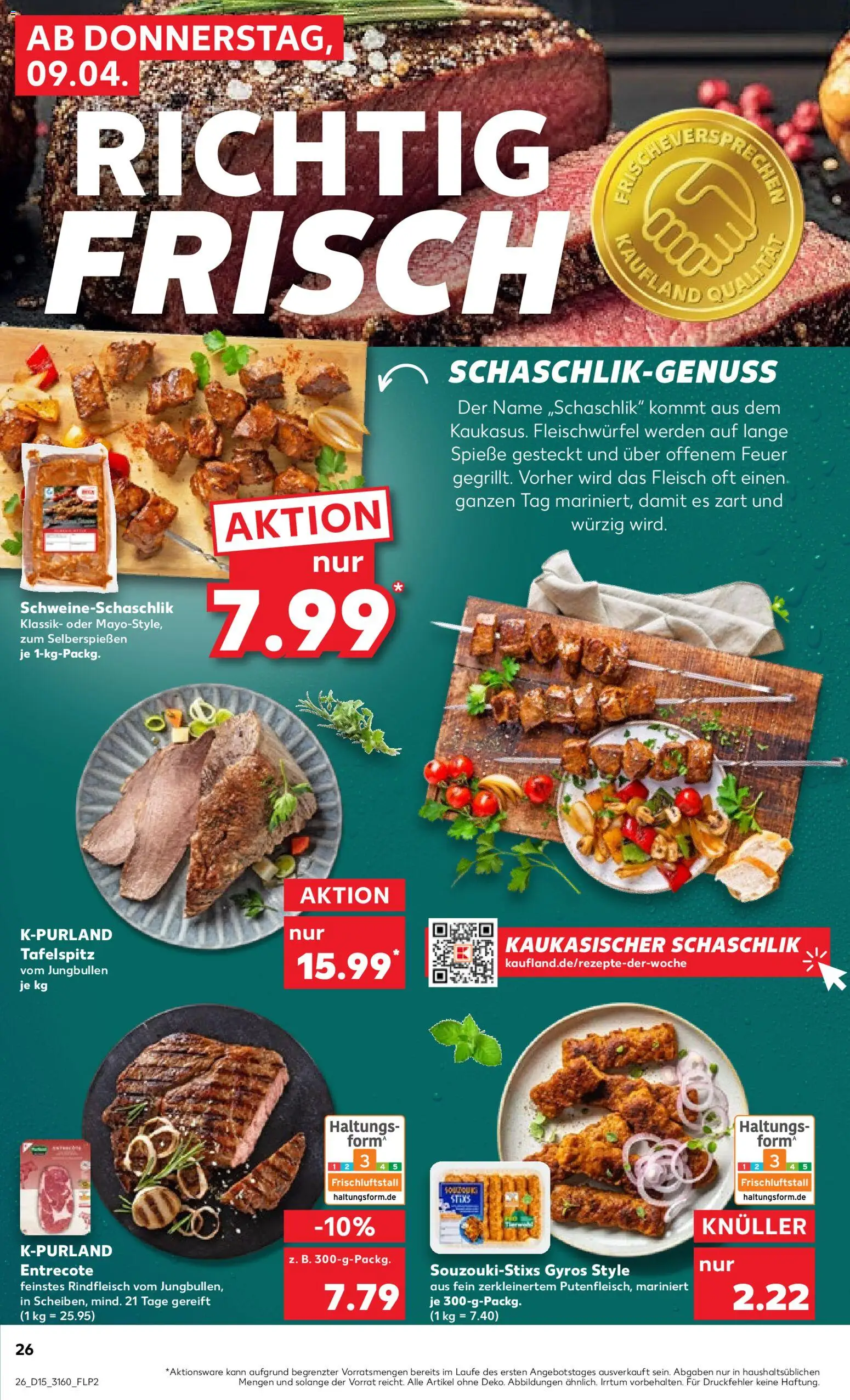 Kaufland Prospekt – gültig ab 09.04.2026 | Seite: 26 | Produkte: Spieße, Entrecote, Gyros, Fleisch