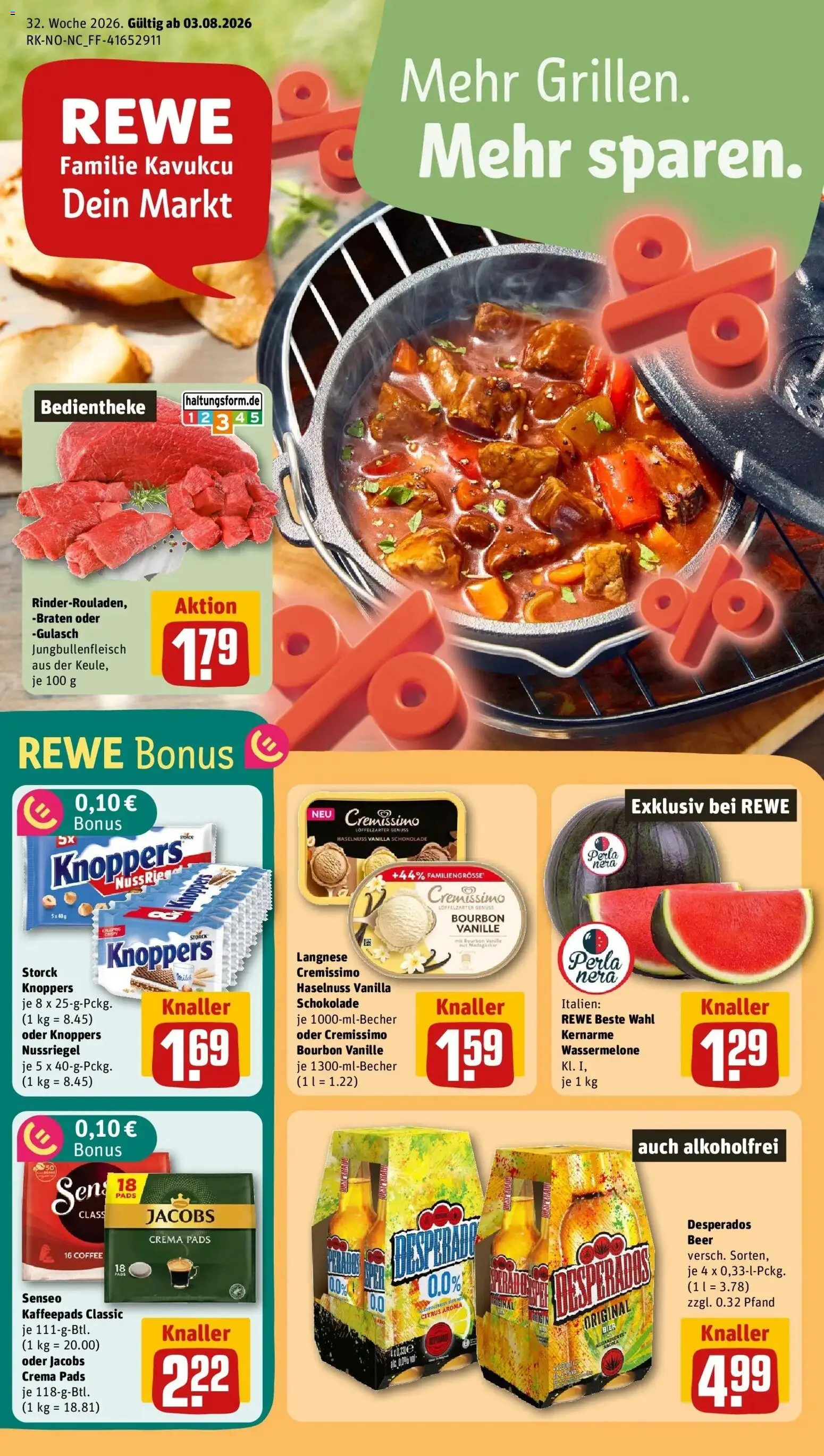 REWE Prospekt ab 03.08.2026 zum Blättern » Angebote | Seite: 1 | Produkte: Senseo, Bier, Knoppers, Bourbon