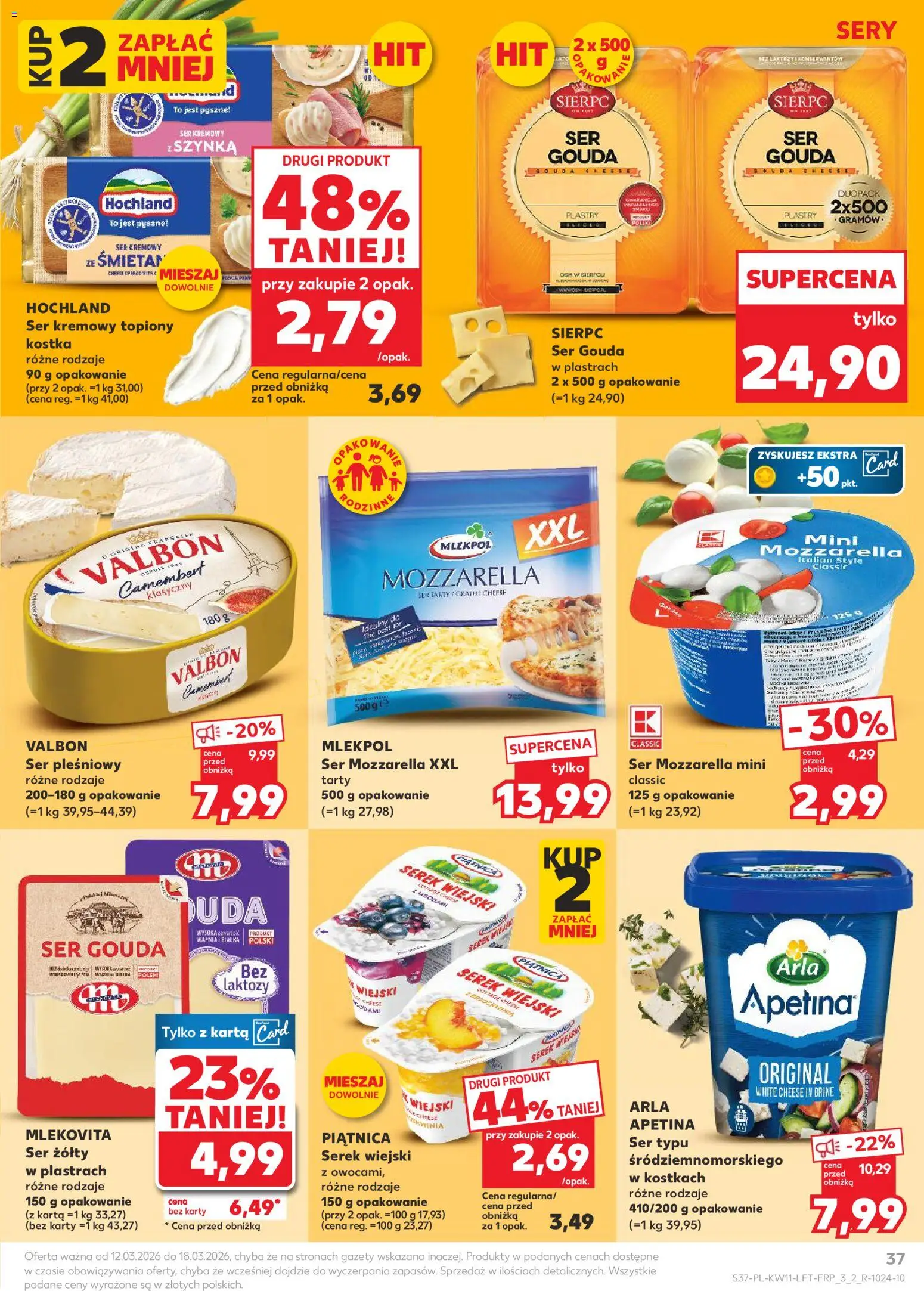 Kaufland Polsko leták od 12.03.2026 | Strana: 37 | Produkty: Gouda, Karty, Mozzarella, Camembert