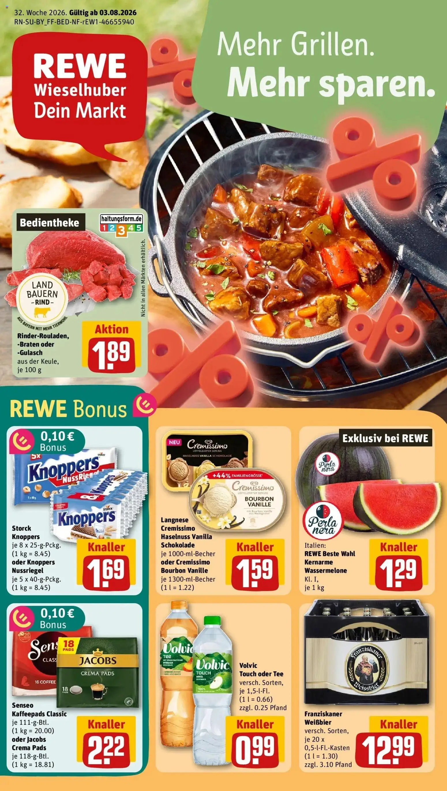 REWE Prospekt ab 03.08.2026 zum Blättern » Angebote | Seite: 1 | Produkte: Kaffeepads, Cremissimo, Weißbier, Pfirsich