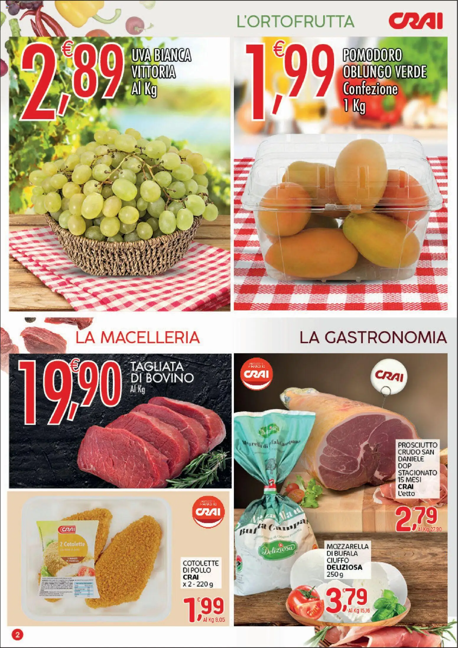 Volantino CRAI del 23/07/2026 | Pagina: 2 | Prodotti: Bovino, Mozzarella, Prosciutto, Uva
