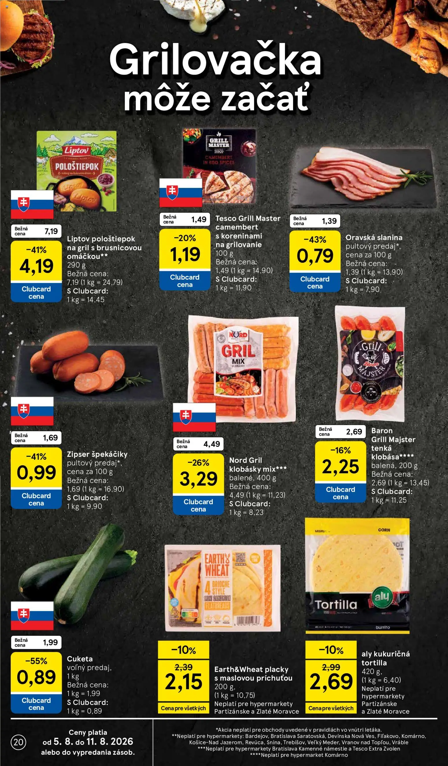 Nové Tesco akcie – leták je platný od 05.08.2026 | Strana: 20 | Produkty: Gril, Klobása, Cuketa, Špekáčiky