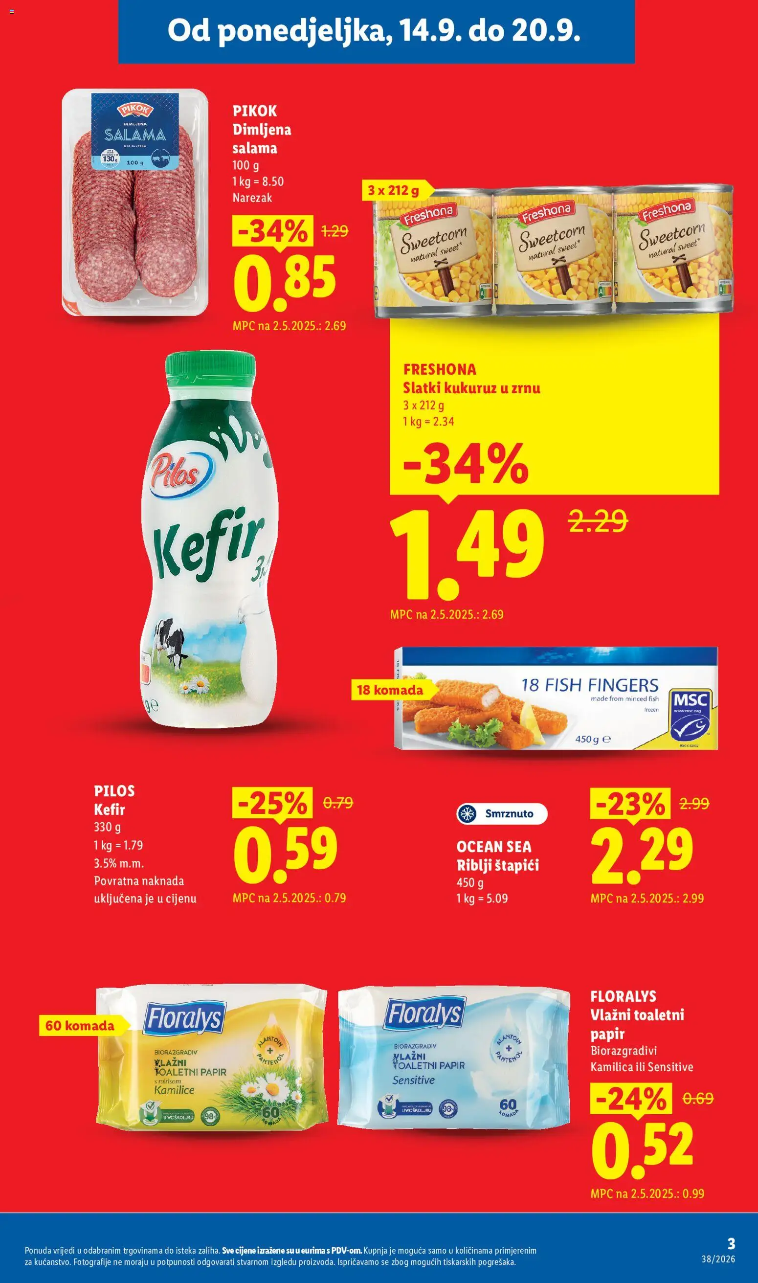 Lidl katalog | vrijedi od 14.09.2026 | Stranica: 3 | Proizvodi: Riblji štapići, Pilos, Freshona, Toaletni papir