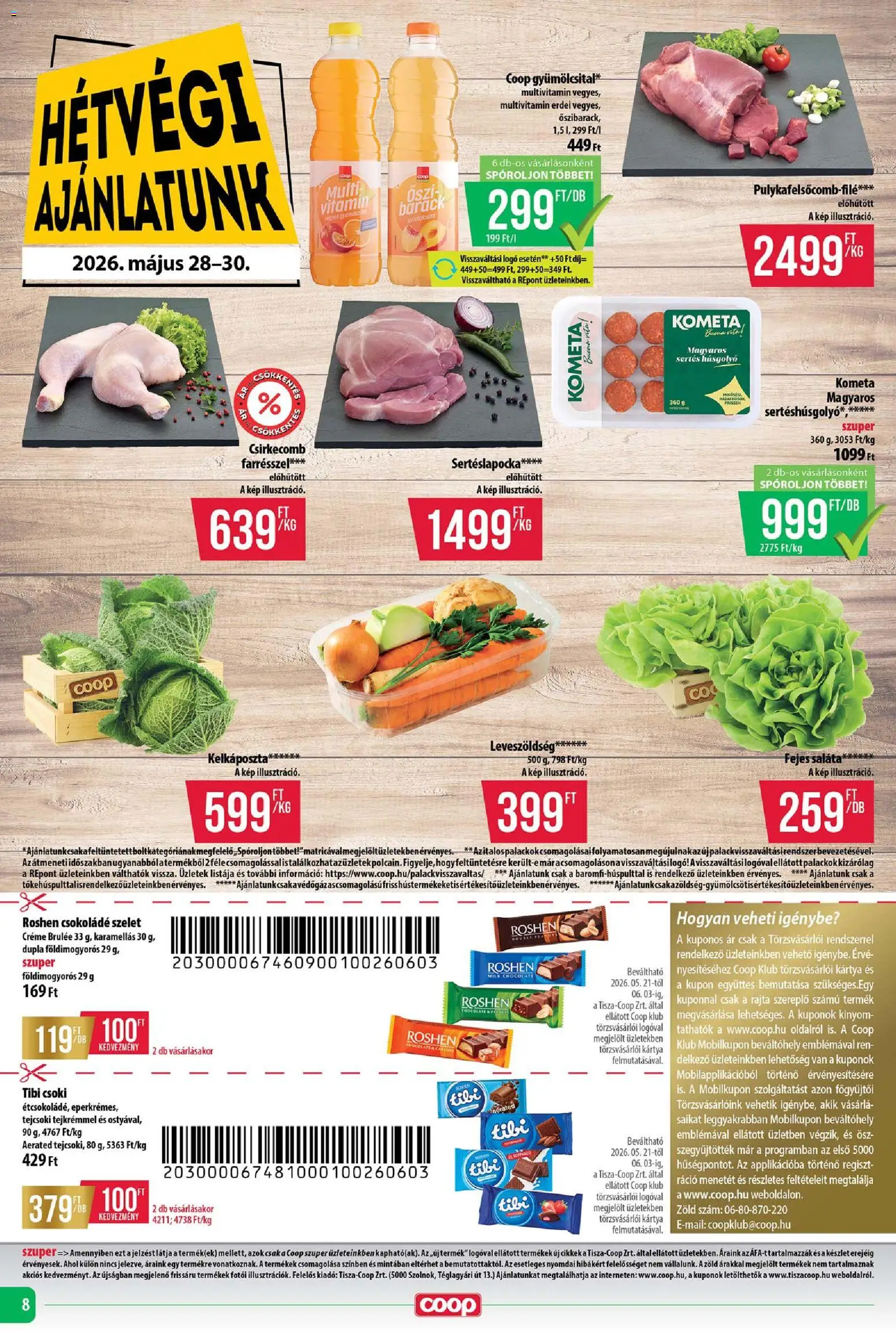 COOP akciós ujság - amely érvényes a következő dátumtól: 28.05.2026 | Oldal: 8 | Termékek: Sertéslapocka, Multivitamin, Saláta, Csirkecomb