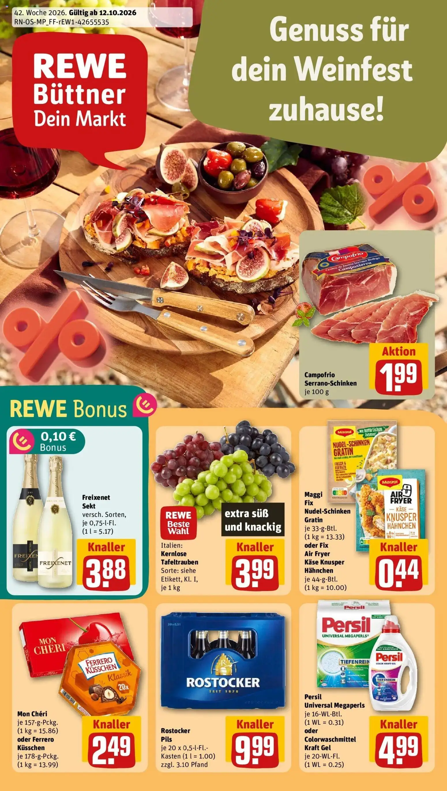 REWE Prospekt ab 12.10.2026 zum Blättern » Angebote | Seite: 1 | Produkte: Hahnchen, Maggi, Freixenet, Mon cheri