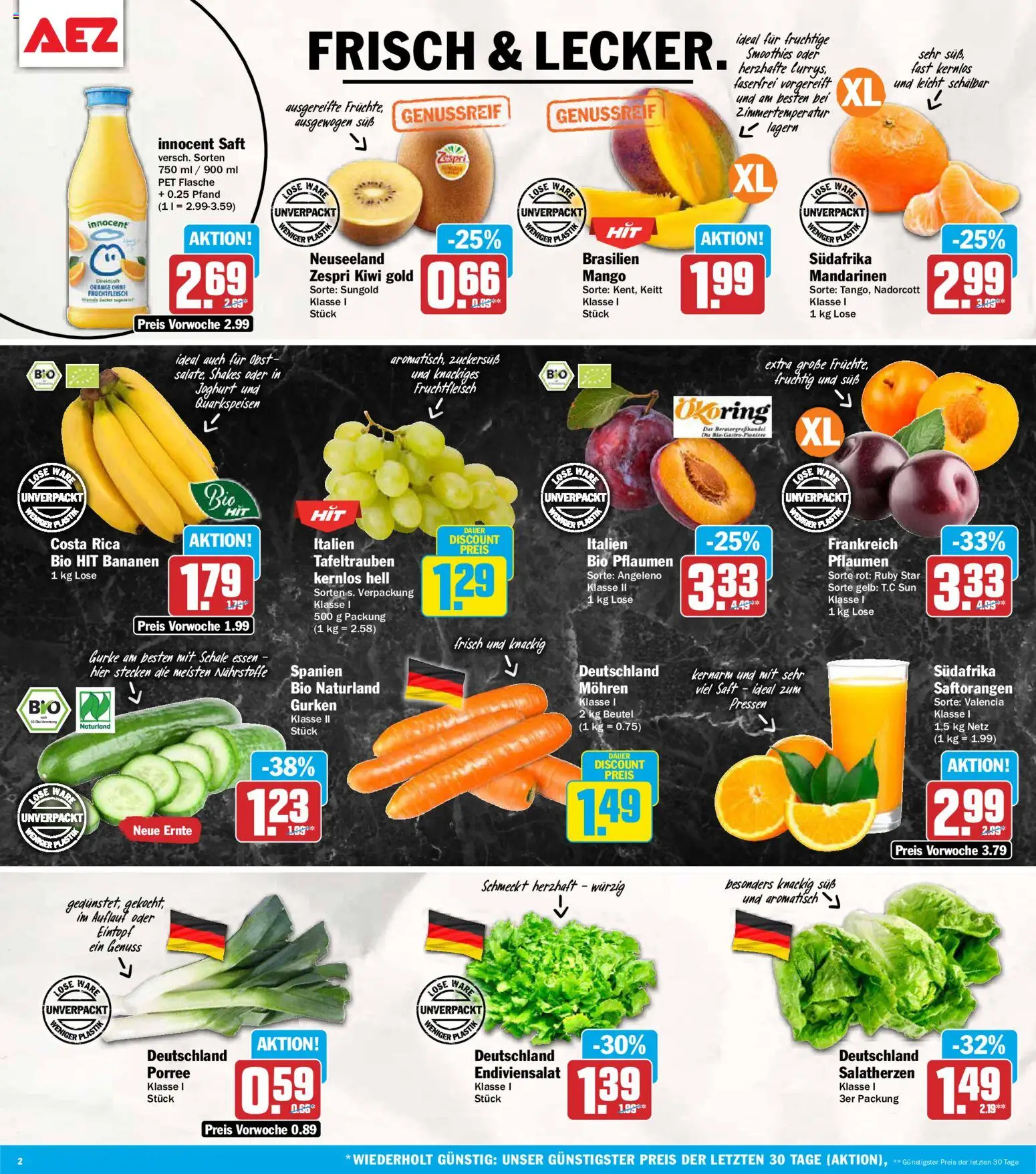 AEZ Prospekt – gültig ab 28.09.2026 | Seite: 2 | Produkte: Pflaumen, Joghurt, Mandarinen, Saft