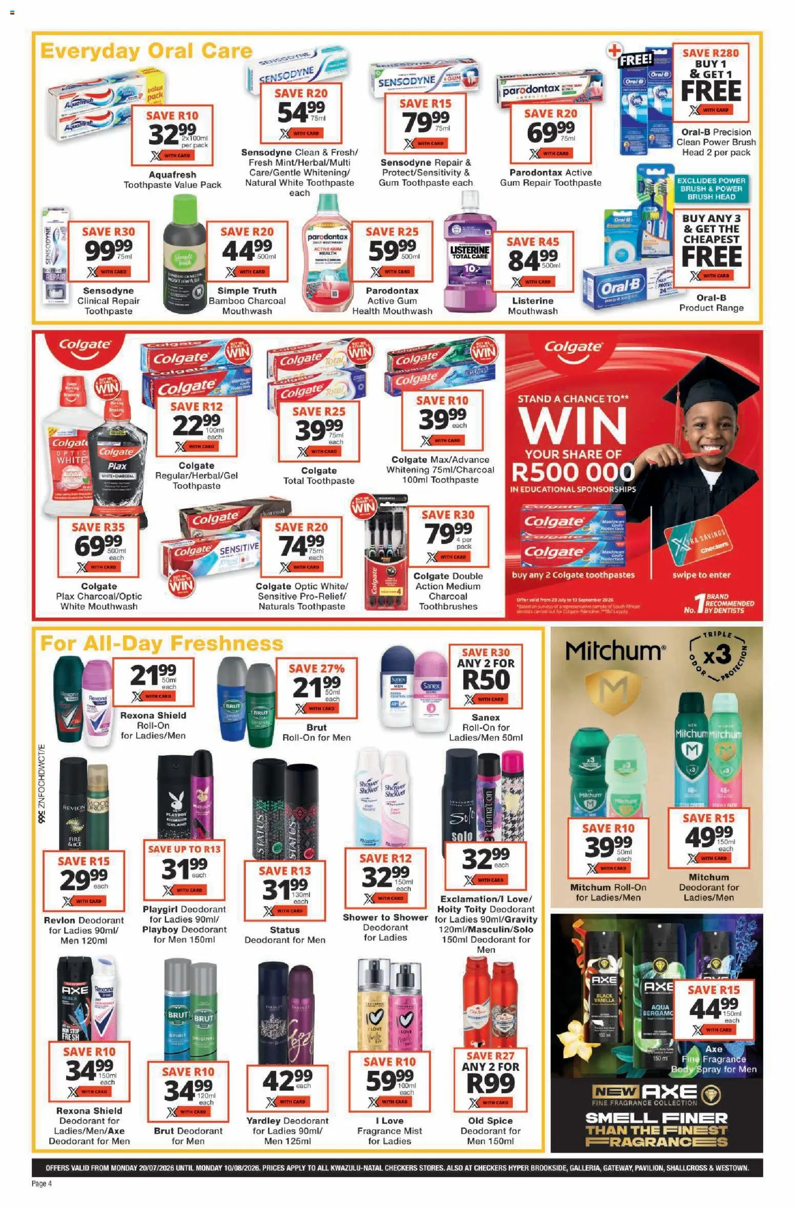 New Checkers catalogue – valid from 20/07/2026 | Page: 4 | Products: Shower, Deodorant, Toothpaste, Mouthwash