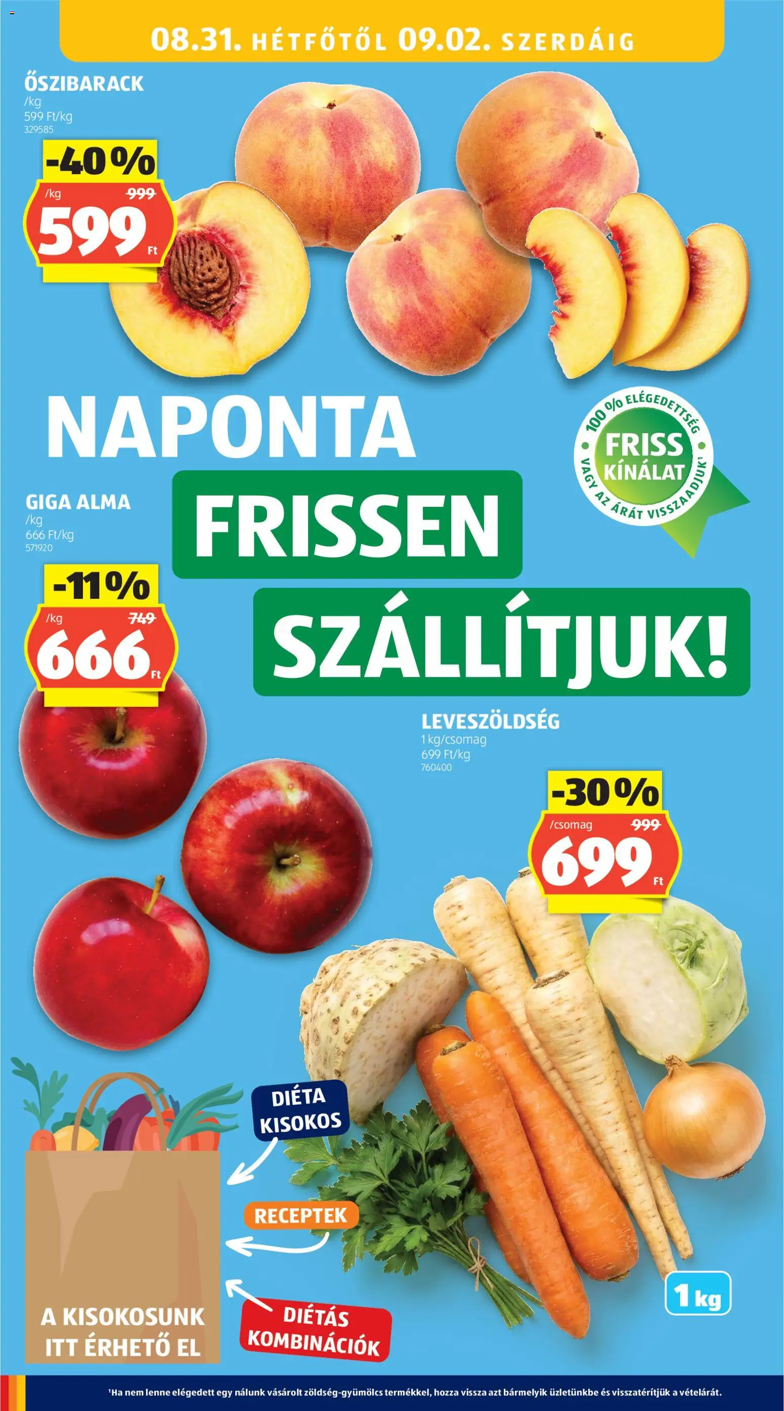 Aldi akciós ujság - amely érvényes a következő dátumtól: 2026.08.27. | Oldal: 22 | Termékek: Őszibarack, Leveszöldség, Alma