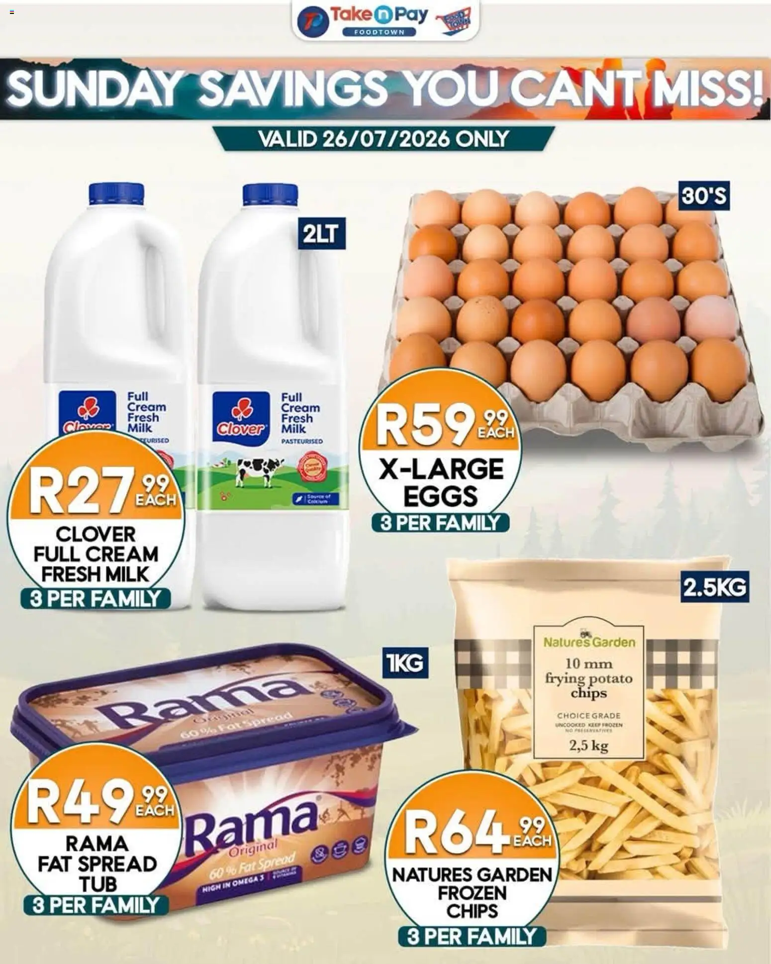 New Take n Pay catalogue – valid from 26/07/2026 | Page: 4 | Products: Milk, Eggs, Chips, Fat spread