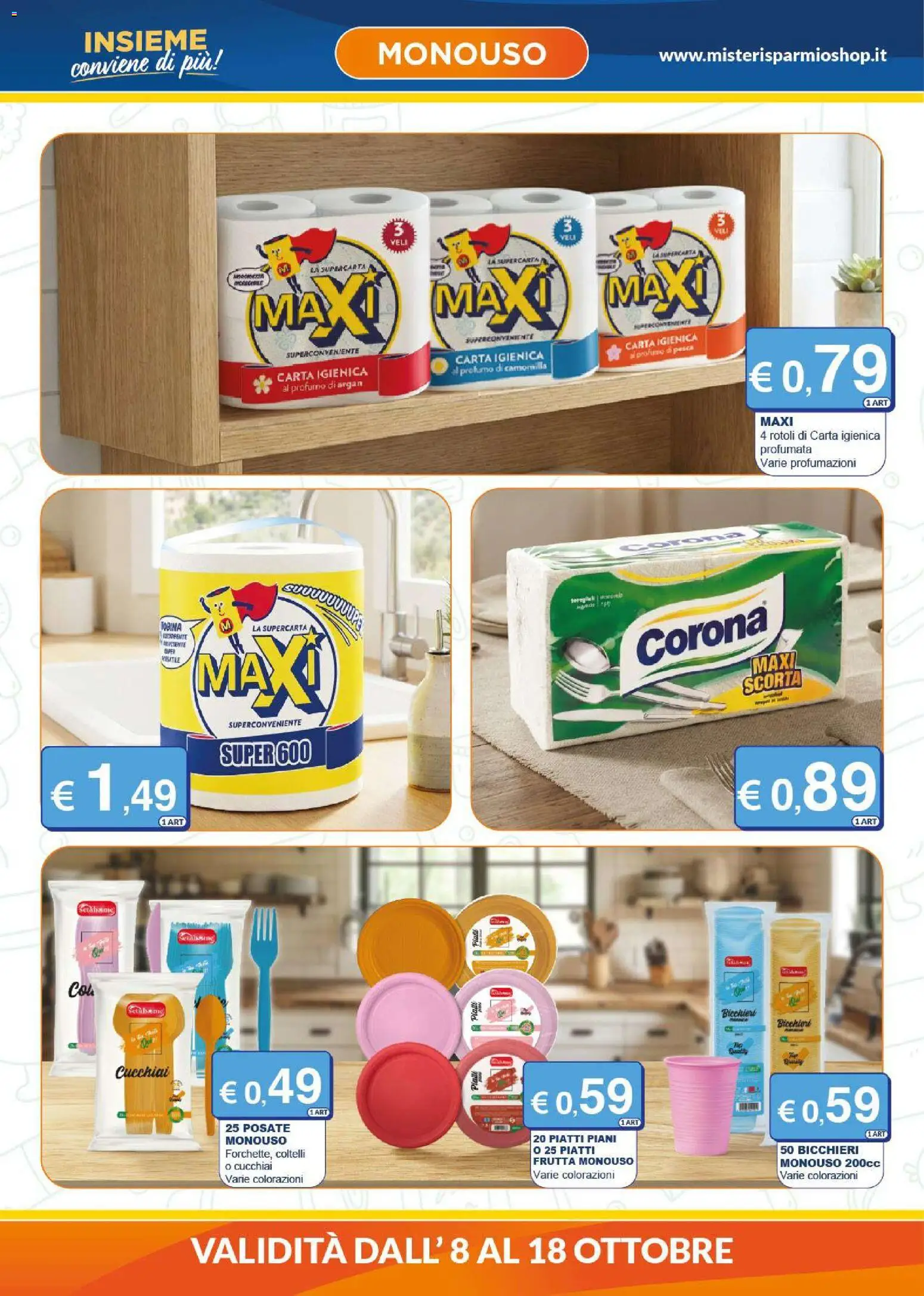 Volantino Mister Risparmio del 08/10/2026 | Pagina: 6 | Prodotti: Posate, Piatti, Bicchiere, Profumo