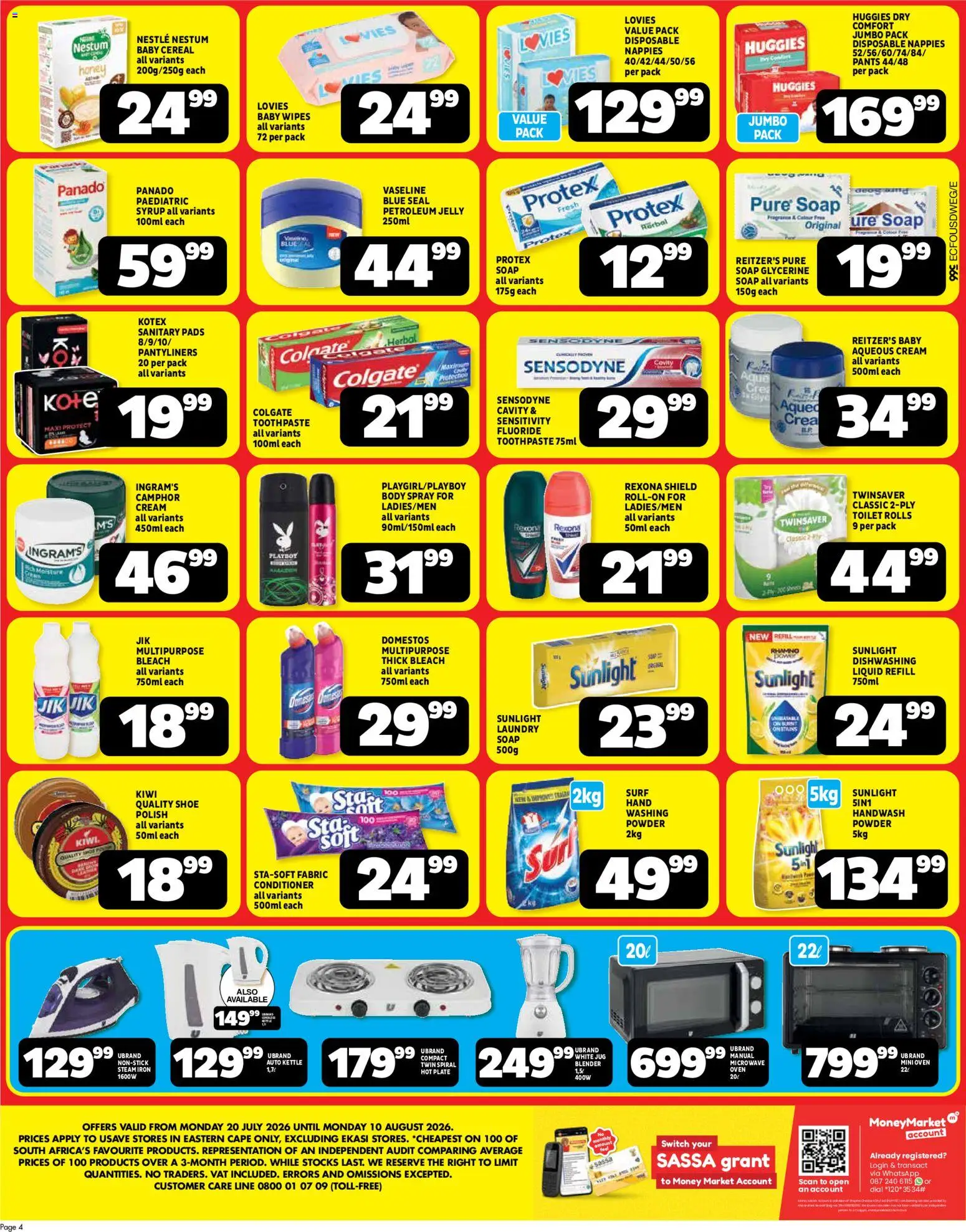 New Usave catalogue – valid from 20/07/2026 | Page: 4 | Products: Toilet, Pads, Microwave, Syrup