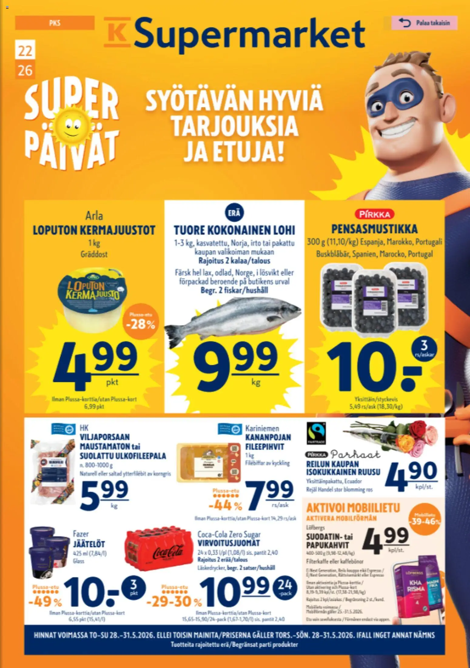 K-Supermarket - K-Ruoka – voimassa 28.05.2026 alkaen | Sivu: 1 | Tuotteet: Lohi, Kokonainen, Virvoitusjuomat, Coca cola