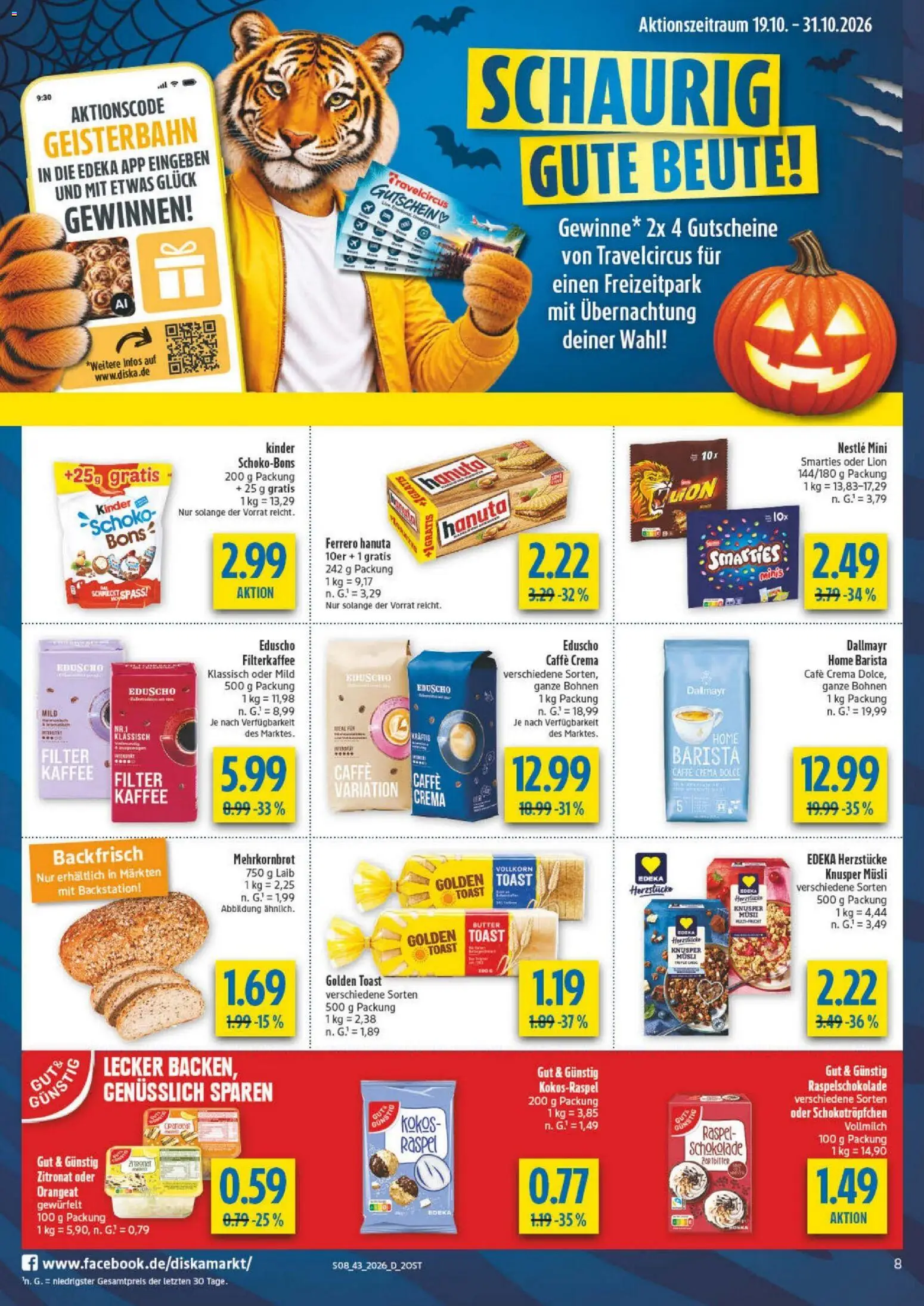 Diska Prospekt – gültig ab 19.10.2026 | Seite: 8 | Produkte: Musli, Toast, Dallmayr, Eduscho