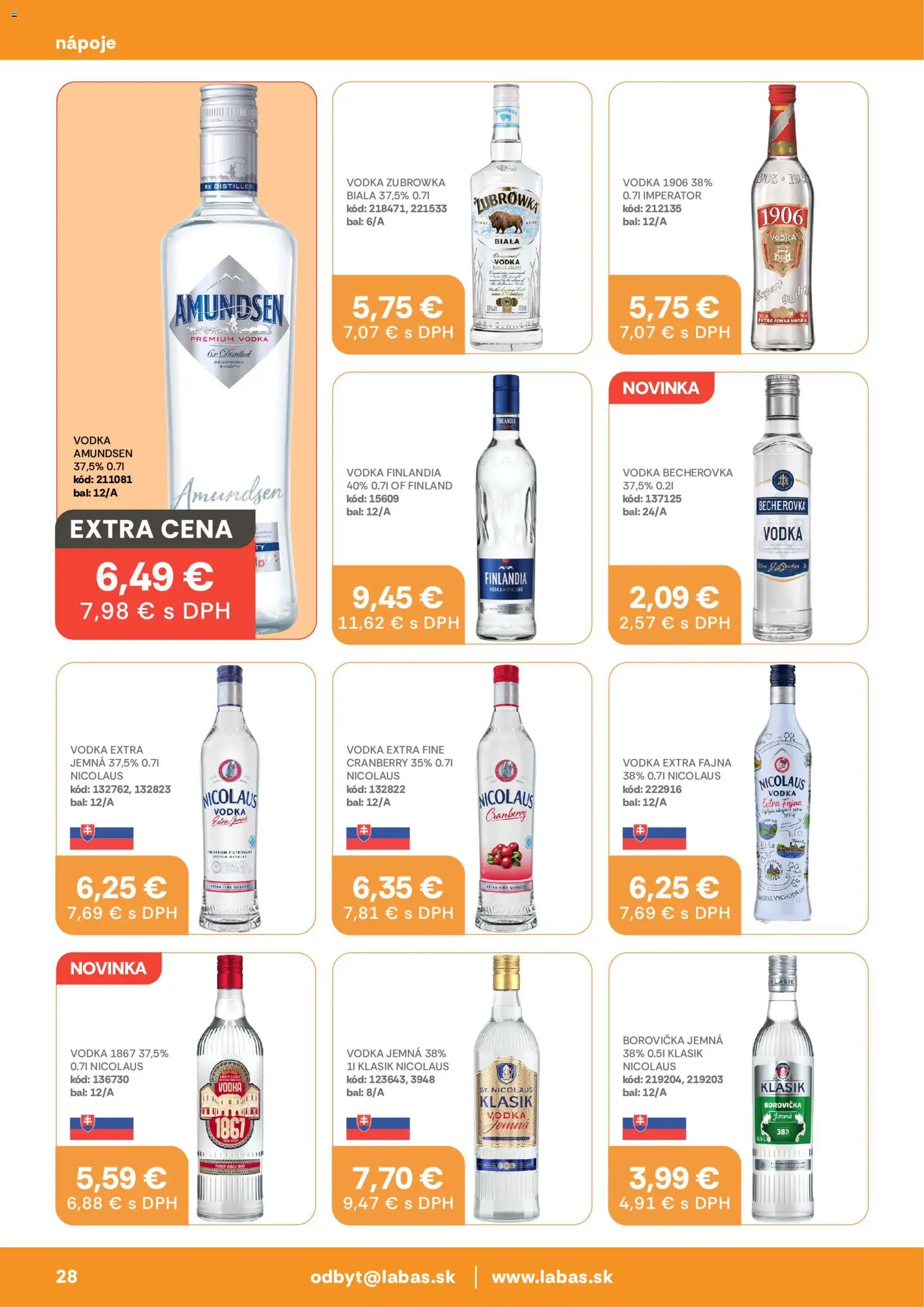 Nové Labaš akcie – leták je platný od 09.10.2026 | Strana: 28 | Produkty: Becherovka, Nápoje, Vodka, Nicolaus vodka