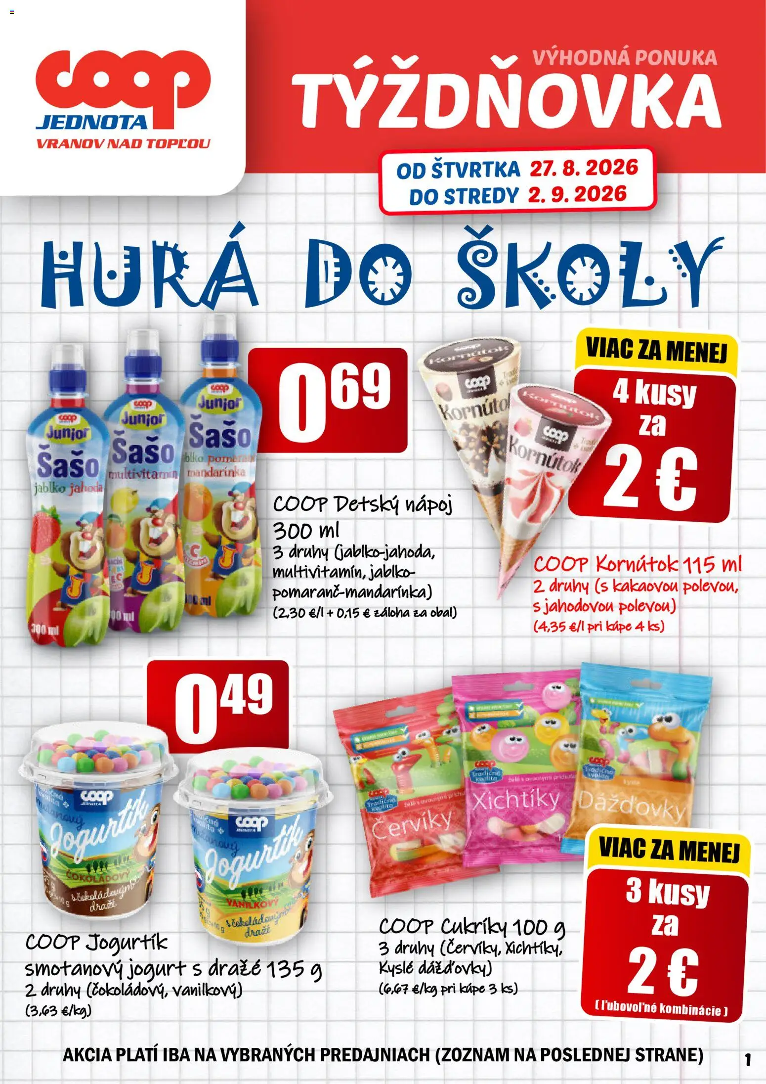 Nové COOP Jednota akcie – leták je platný od 27.08.2026 | Strana: 1 | Produkty: Multivitamín, Jogurt, Cukríky, Smotanový jogurt
