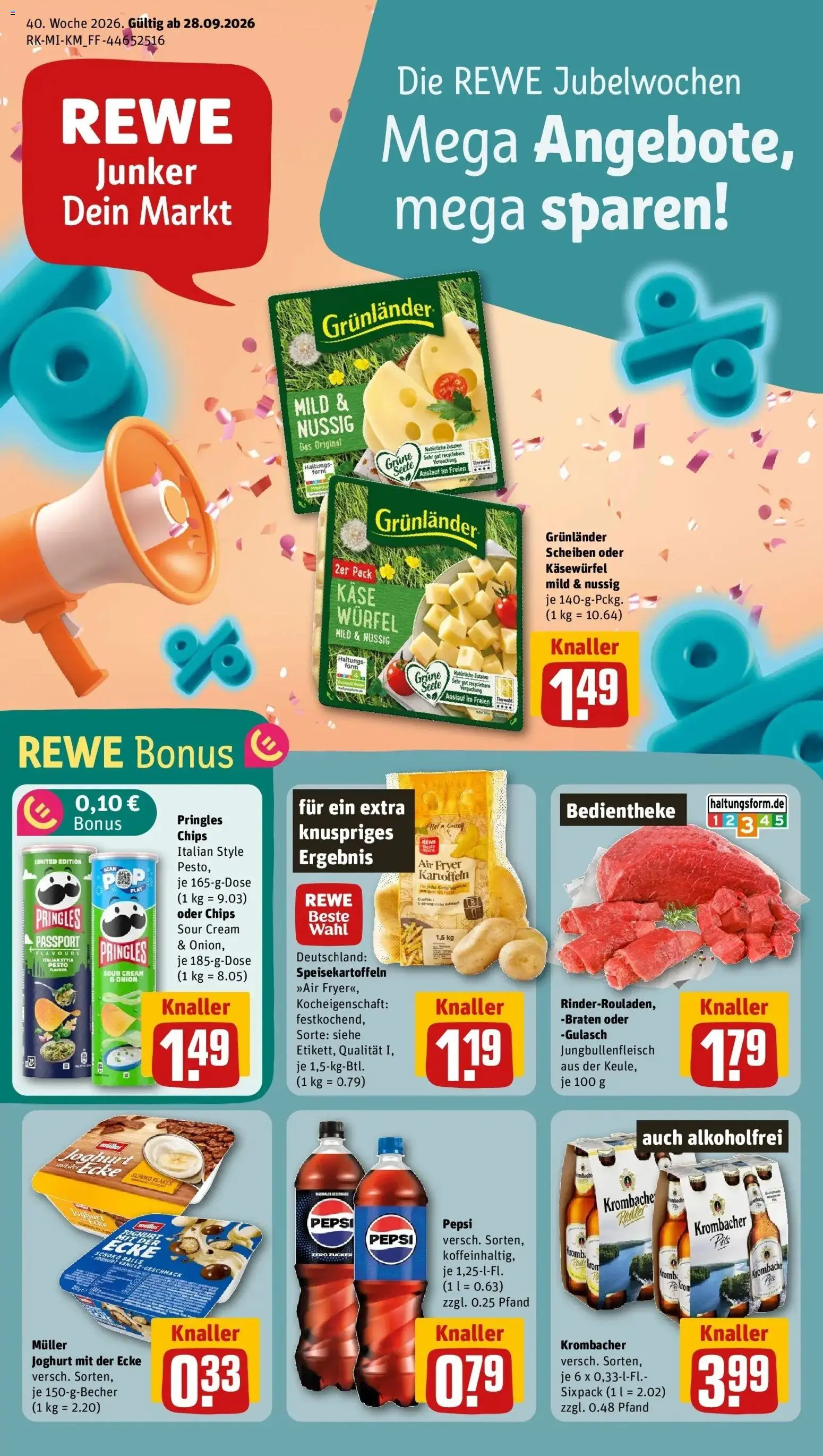 REWE Prospekt ab 28.09.2026 zum Blättern » Angebote | Seite: 1 | Produkte: Radler, Grunlander, Krombacher, Pringles