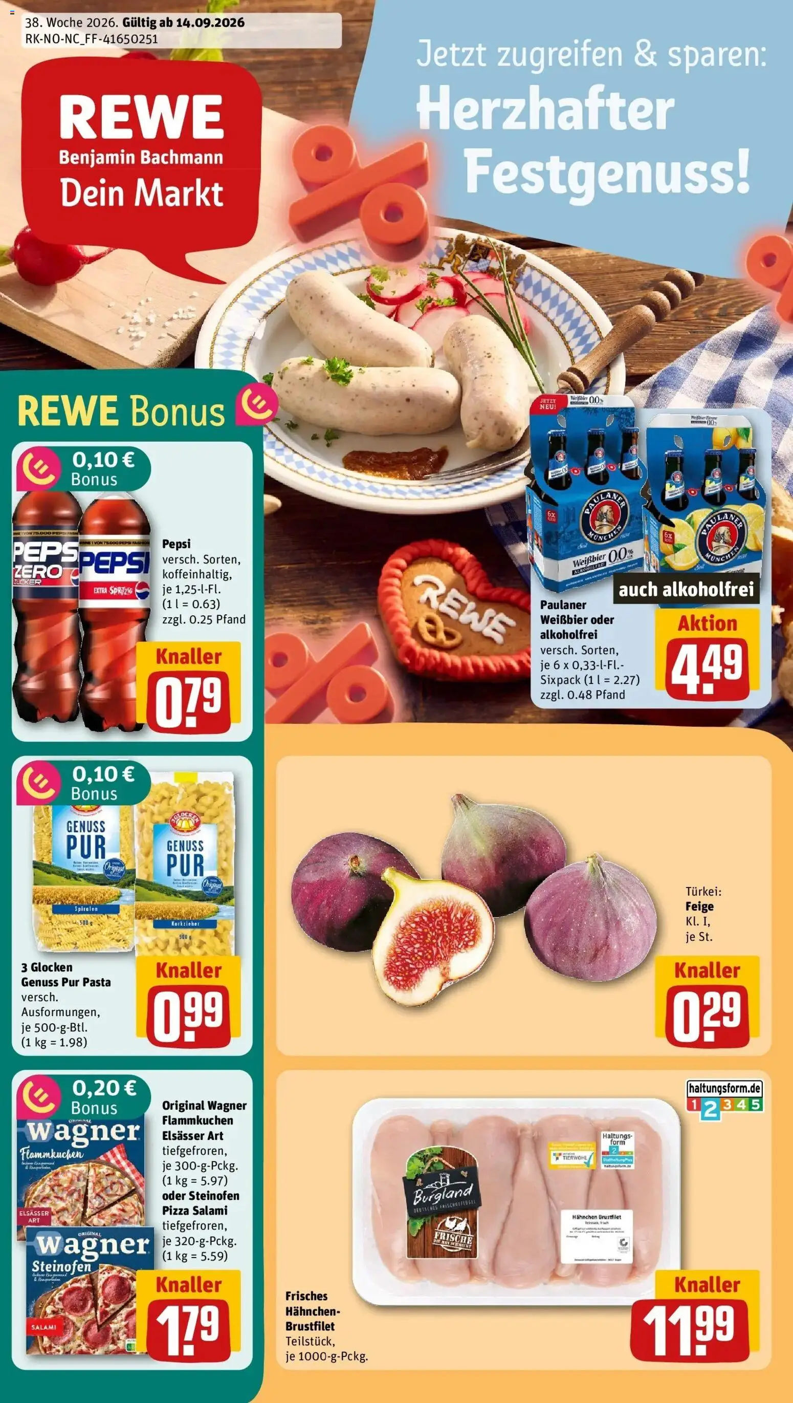 REWE Prospekt ab 14.09.2026 zum Blättern » Angebote | Seite: 1 | Produkte: Hahnchen, Weißbier, Pepsi, Pizza