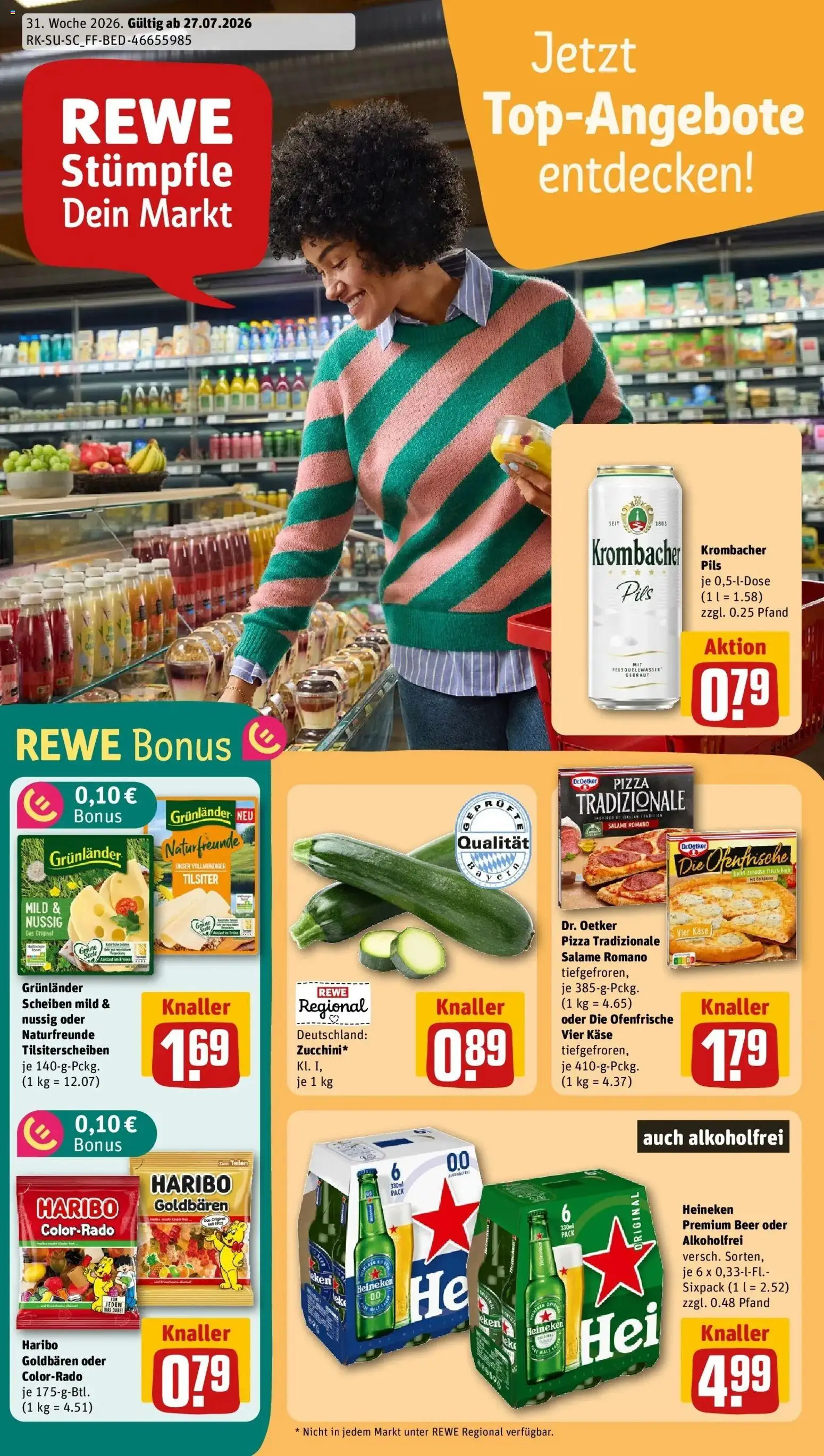 Rewe Prospekt Haar / Gronsdorf – gültig ab 27.07.2026 | Seite: 1 | Produkte: Käse, Ofenfrische, Heineken, Krombacher