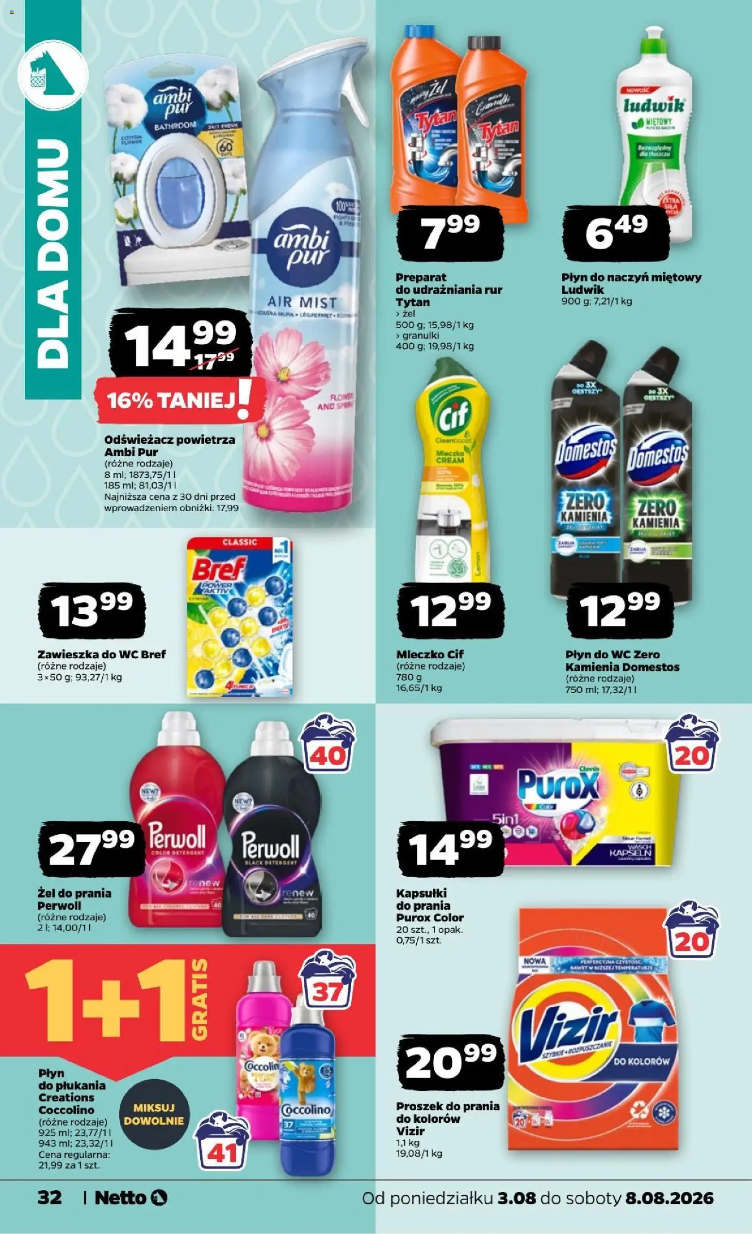 Netto gazetka od poniedziałku od 03.08.2026 | Strona: 32 | Produkty: Odświeżacz, Kapsułki, Odświeżacz powietrza, Proszek do prania