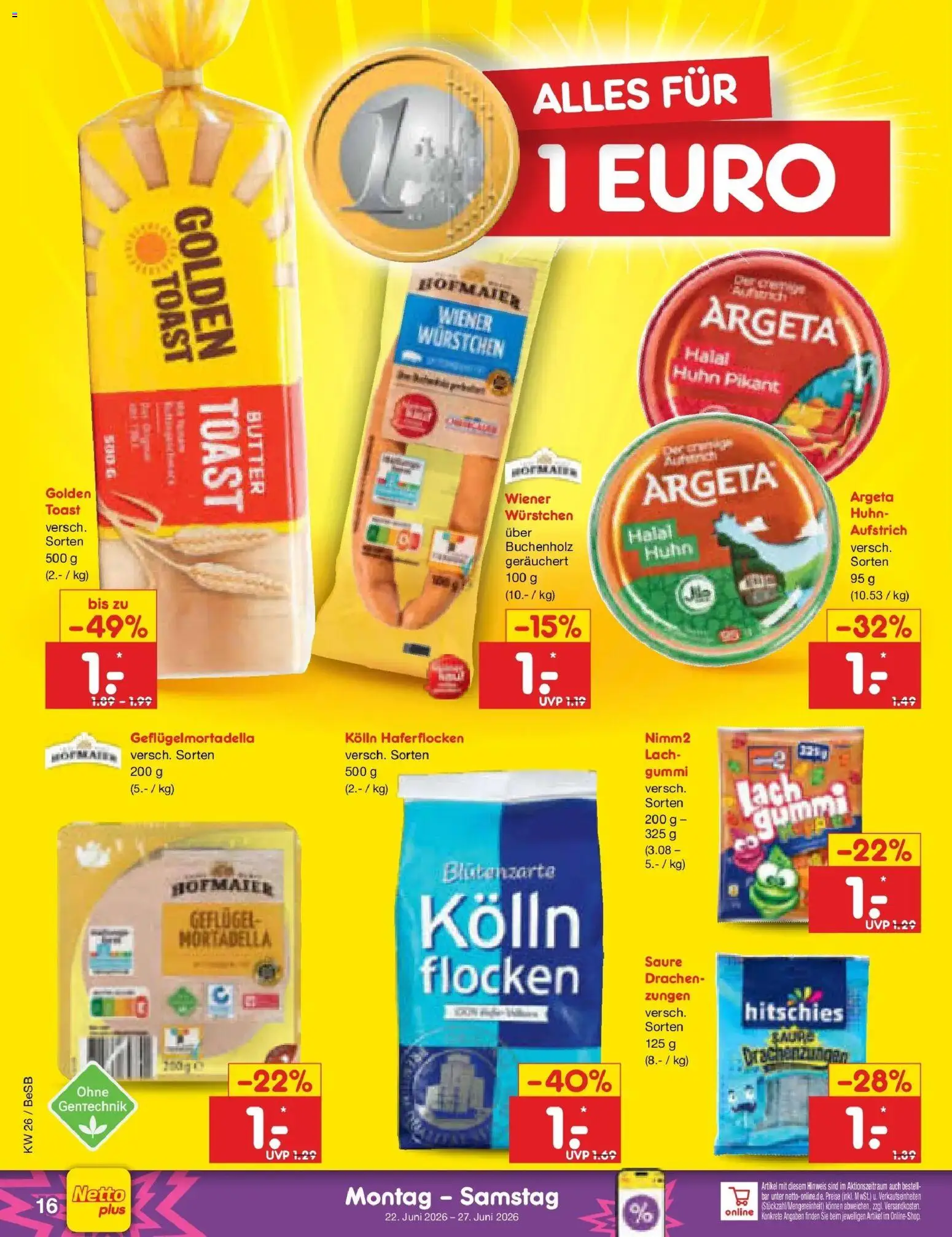 Netto Marken-Discount Prospekt Kremmen – gültig ab 21.06.2026 | Seite: 20 | Produkte: Kolln haferflocken, Wiener wurstchen, Butter, Toast