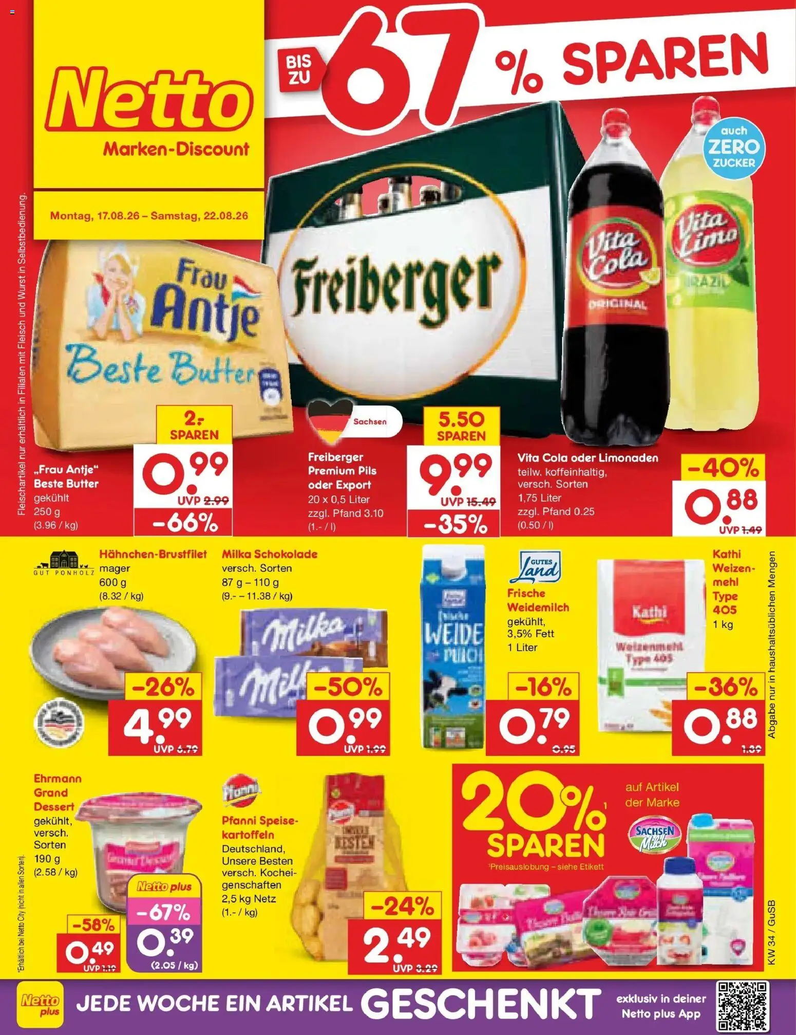 Netto Marken-Discount Prospekt Machern – gültig ab 17.08.2026 | Seite: 1 | Produkte: Mehl, Milka schokolade, Pils, Weizenmehl