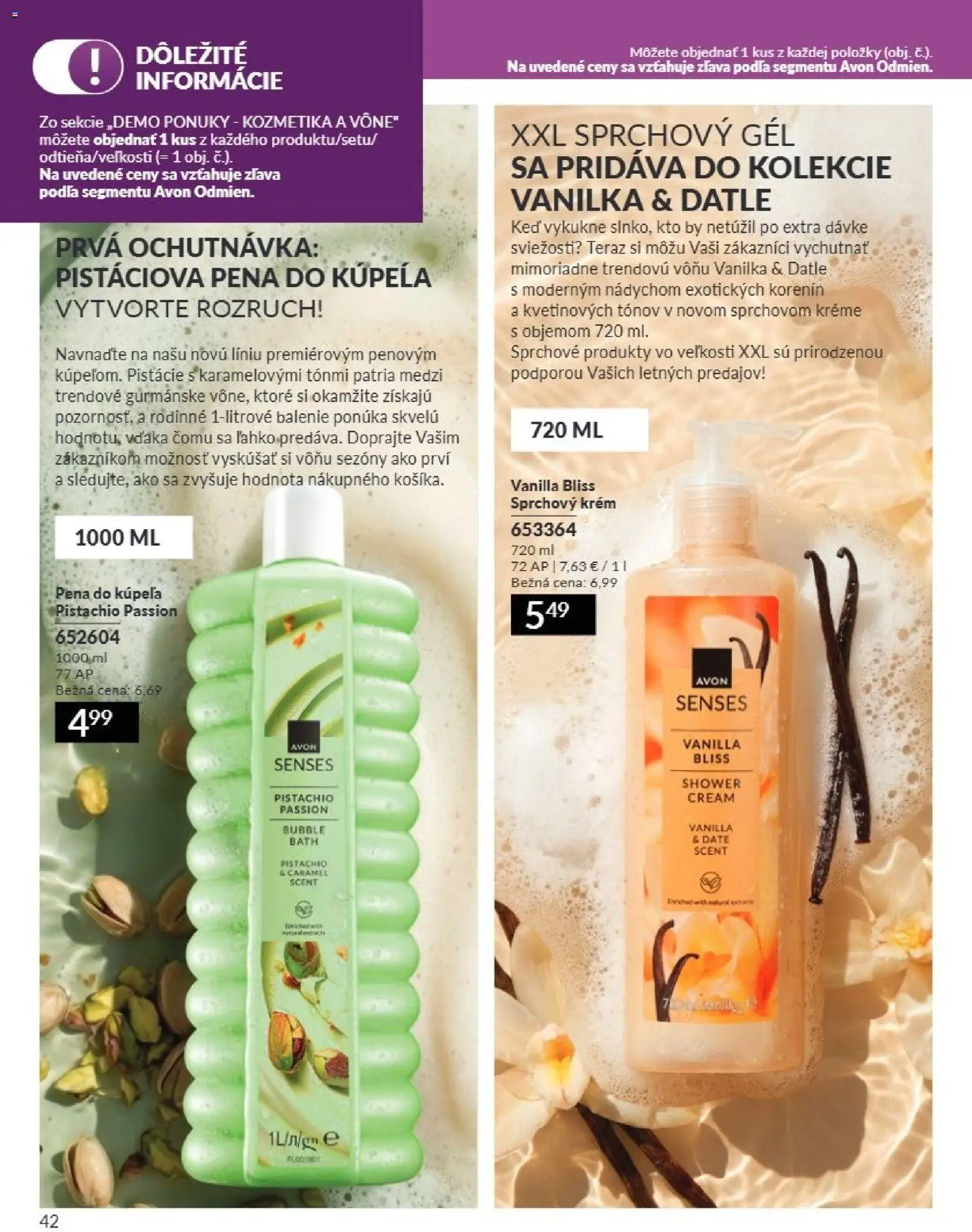 Nové Avon akcie – leták je platný od 01.07.2026 | Strana: 42 | Produkty: Sprchový gél, Pena do kúpeľa, Krém, Pistácie