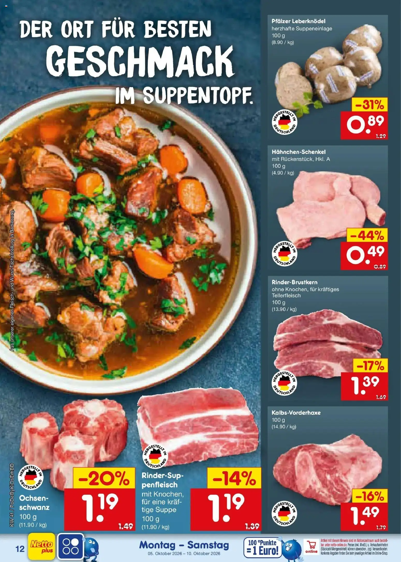 Netto Marken-Discount Prospekt Mistelbach – gültig ab 05.10.2026 | Seite: 12 | Produkte: Leberknödel, Hahnchenschenkel, Fleisch