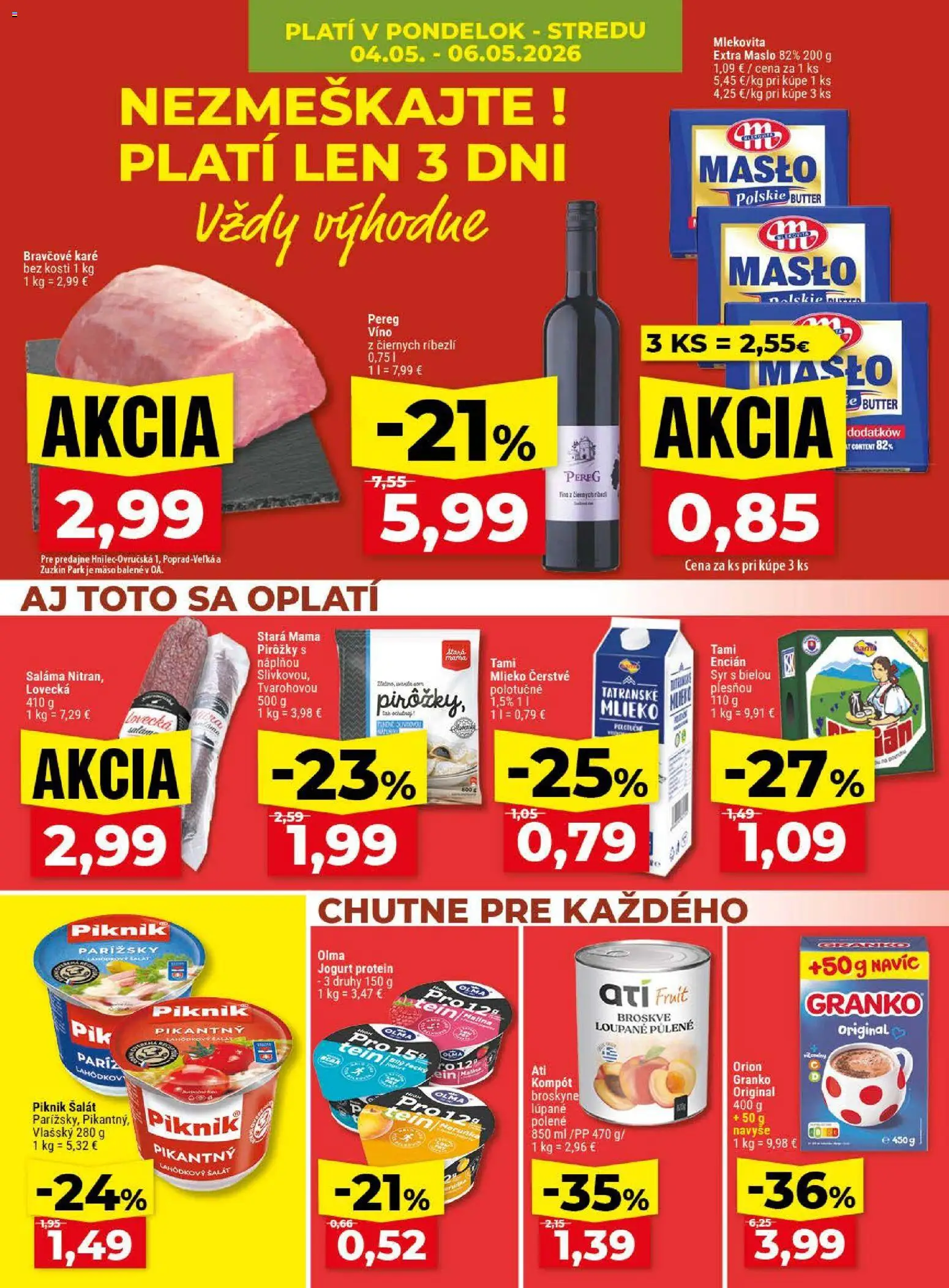 Nové Klas akcie – leták je platný od 04.05.2026 | Strana: 4 | Produkty: Mlieko, Saláma, Granko, Broskyne