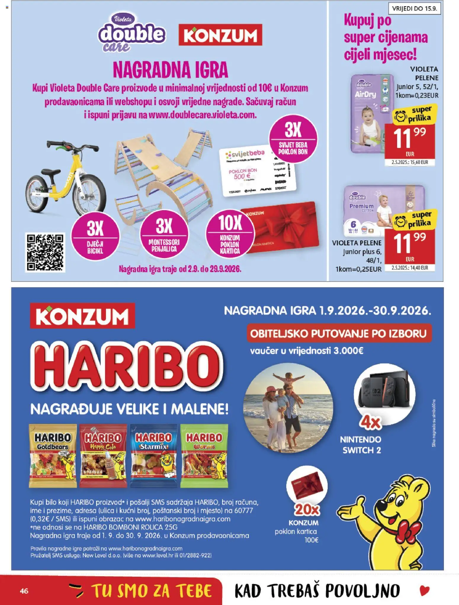 Konzum HR akciós ujság - amely érvényes a következő dátumtól: 2026.09.02. | Oldal: 46 | Termékek: Haribo, BEBA, Cola, Switch