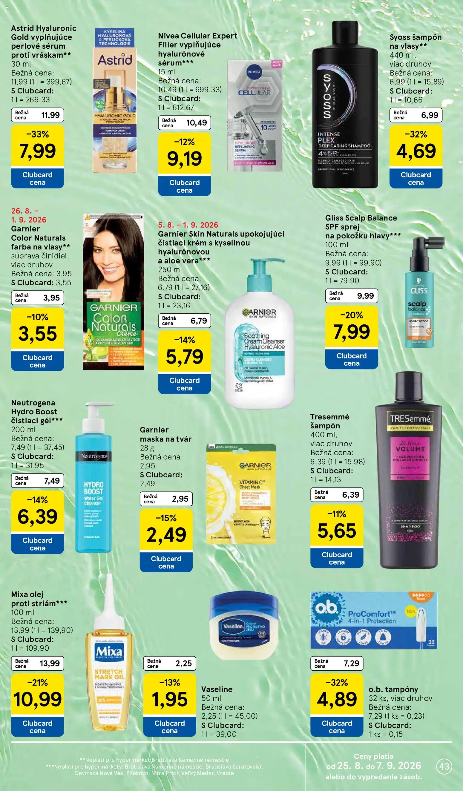 Nové Tesco akcie – leták je platný od 26.08.2026 | Strana: 43 | Produkty: Olej, Aloe Vera, Maska, Krém