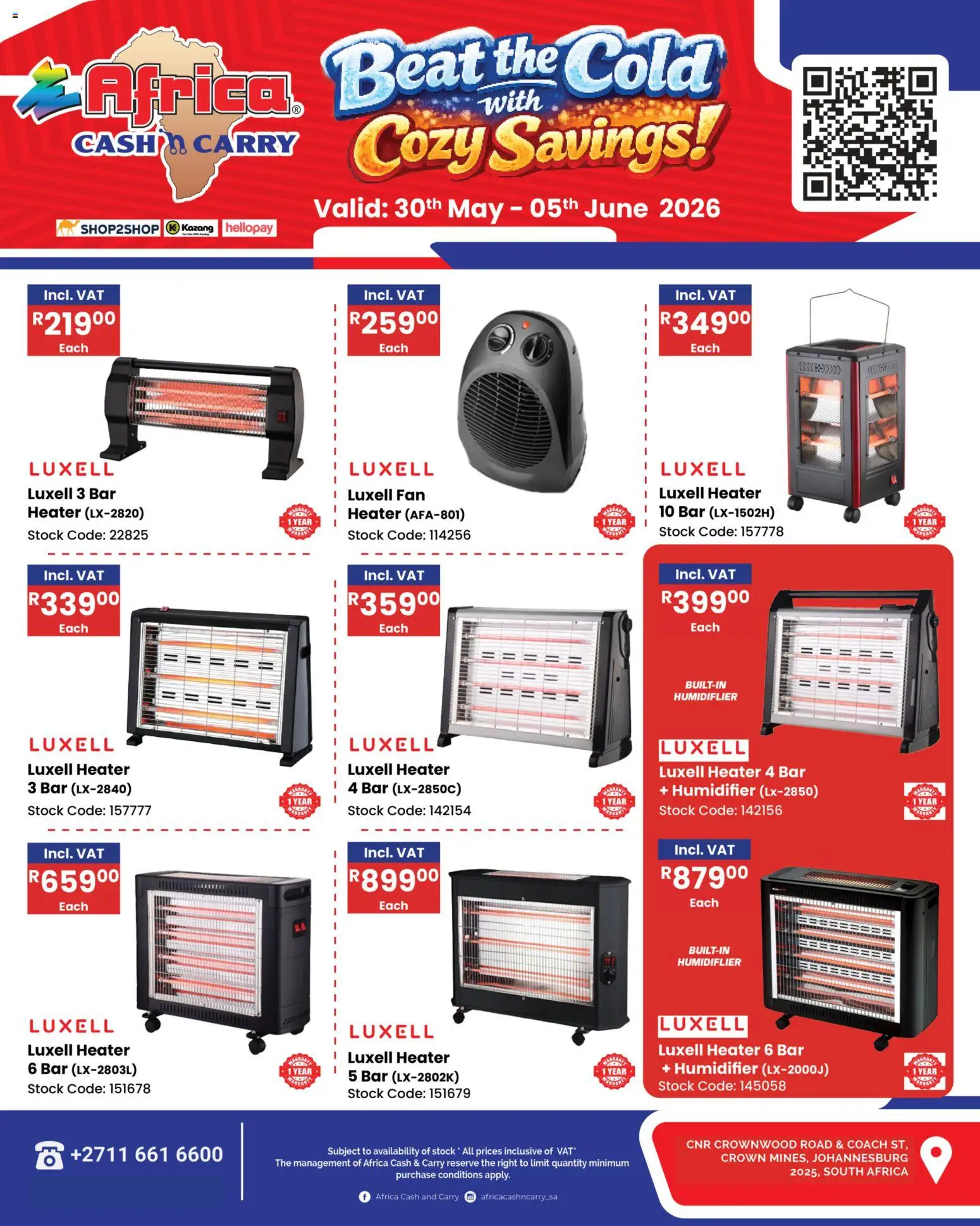 New Africa Cash & Carry catalogue – valid from 30.05.2026 | Page: 1 | Products: Fan, Heater, Stock