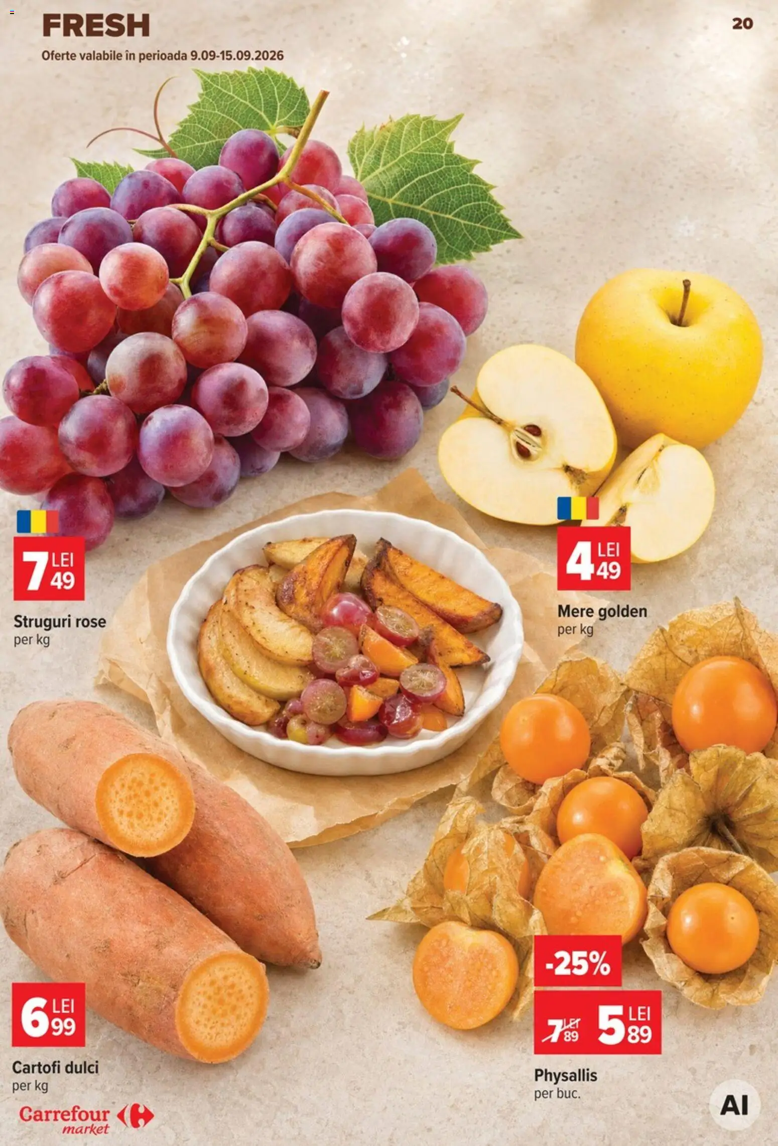 Noul catalog Carrefour – valabil de la 09.09.2026 | Pagină: 20 | Produse: Struguri, Cartofi dulci, Mere, Cartofi
